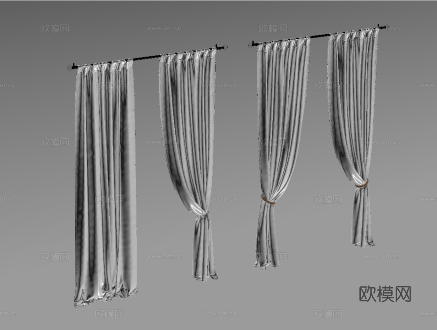 现代窗帘 布艺窗帘 罗马杆窗帘 窗帘杆su模型