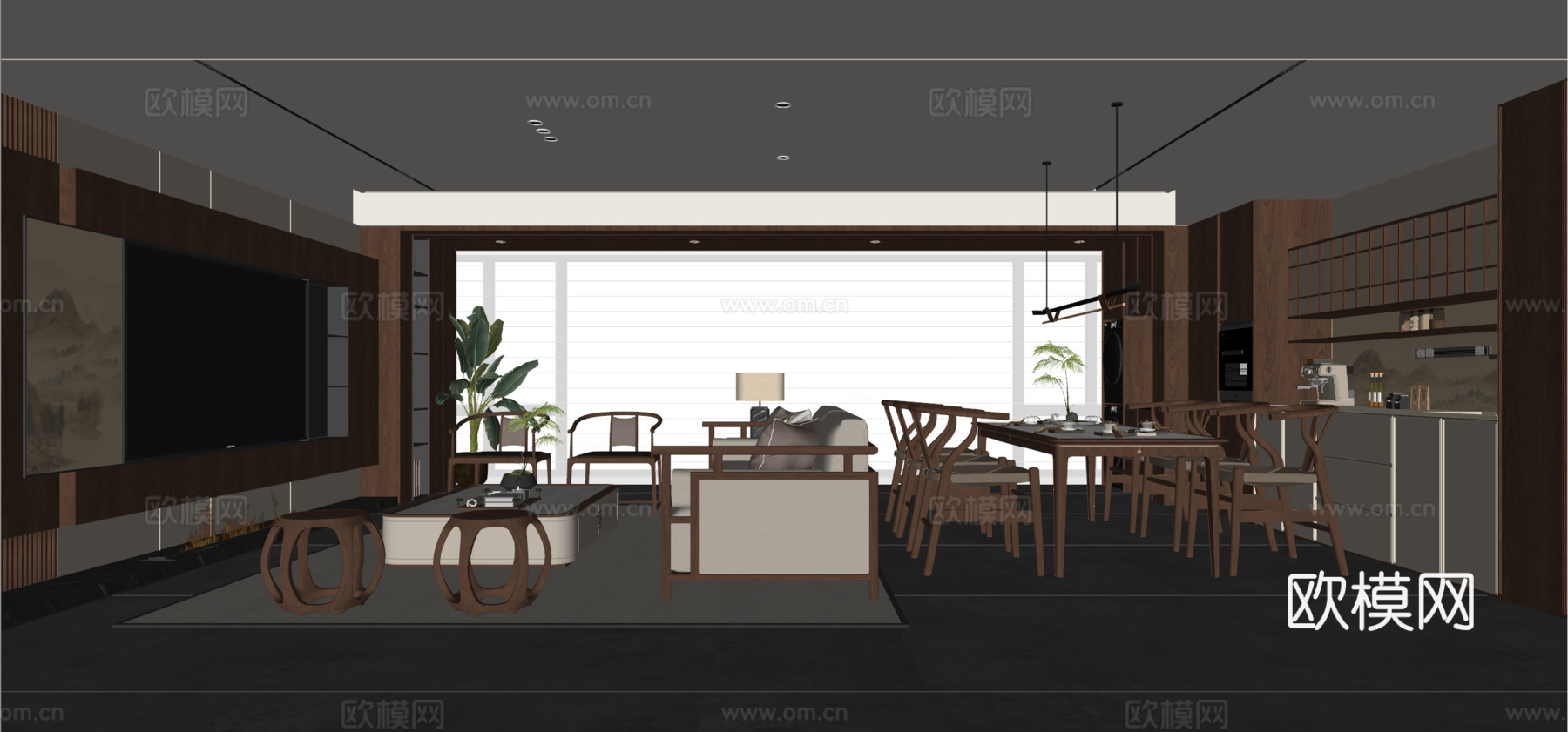 新中式宋式风客餐厅 沙发茶几 餐桌椅 电视背景墙 餐边柜 吊su模型