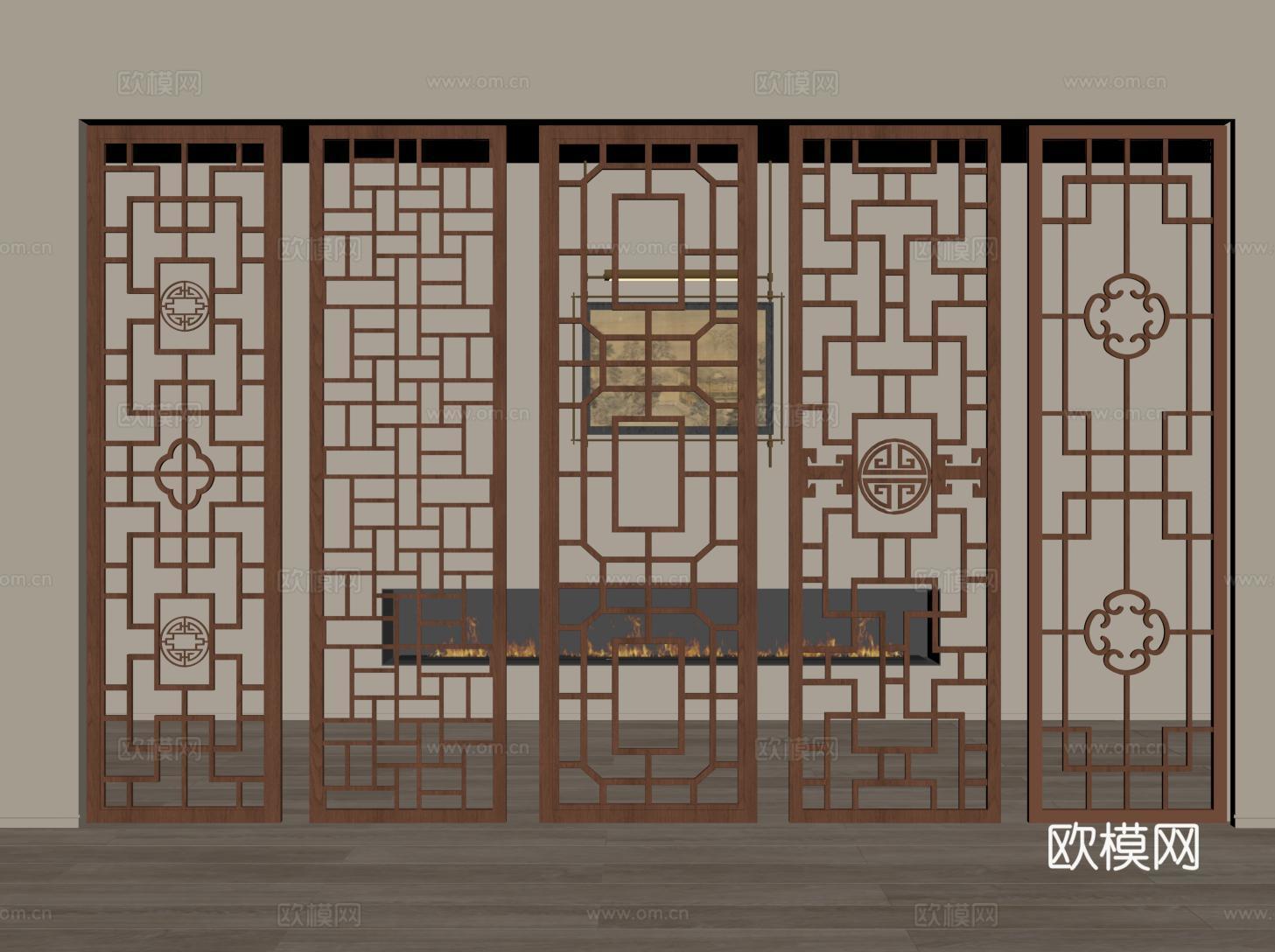 新中式实木镂空花格 雕刻花格 花格隔断su模型