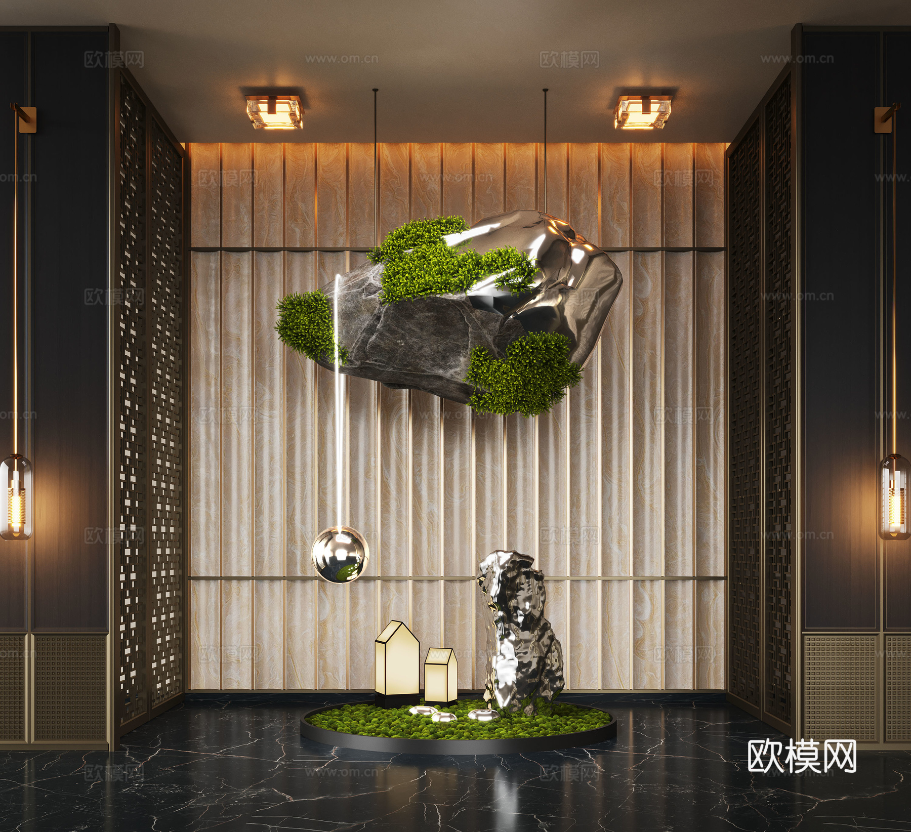 新中式艺术装置 石头装置 景观石头 苔藓装置su模型
