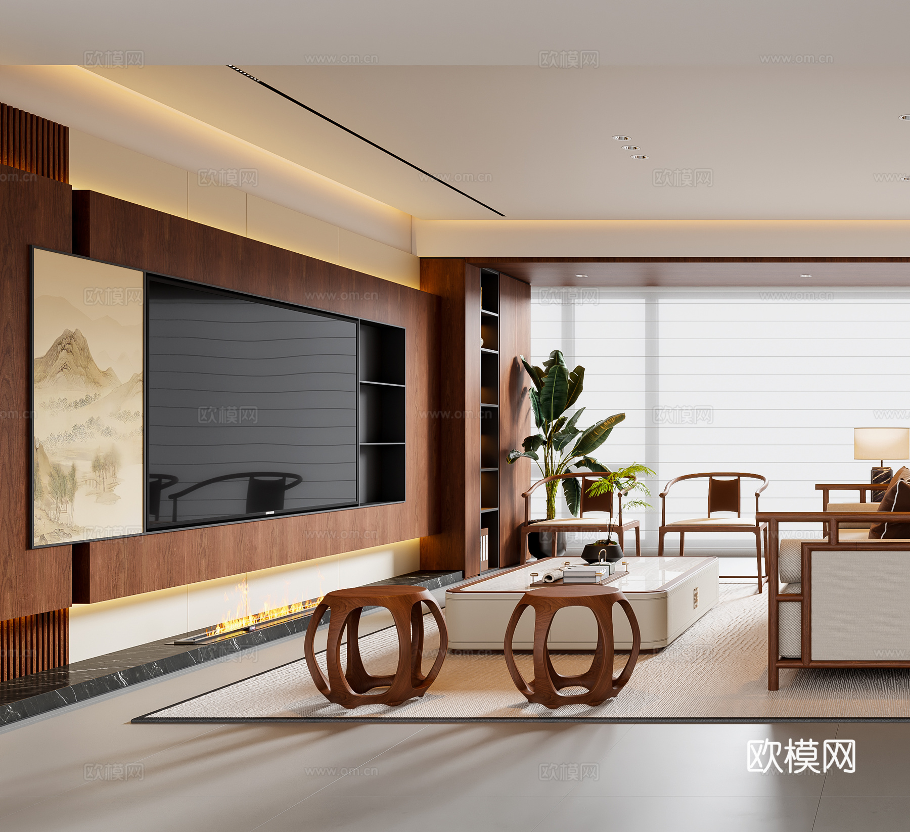 新中式宋式风客餐厅 沙发茶几 餐桌椅 电视背景墙 餐边柜3d模型下载（渲染图2）