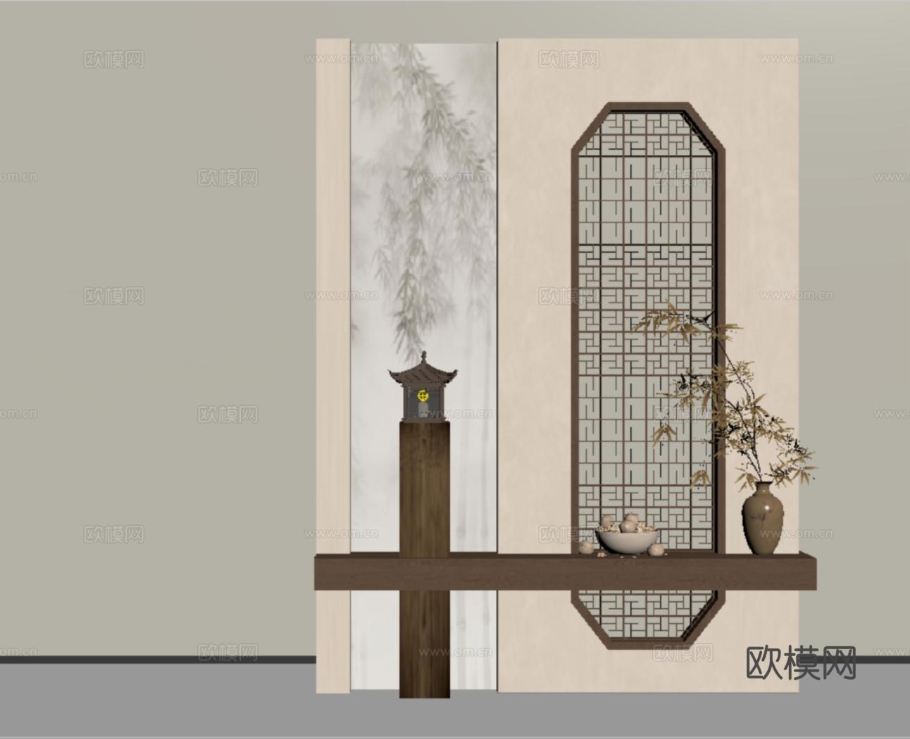 新中式玄关隔断 入户玄关 端景台 花艺su模型