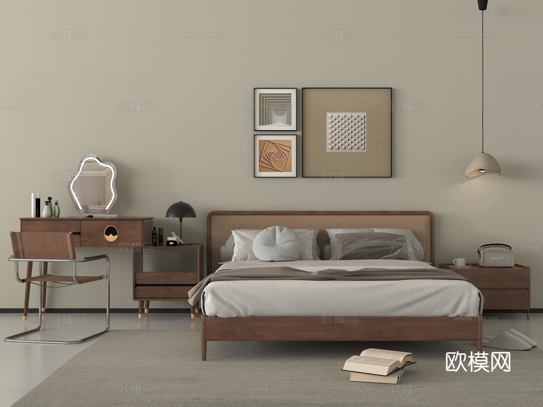 中古风双人床 床头柜 吊灯 梳妆台 挂画 摆件su模型