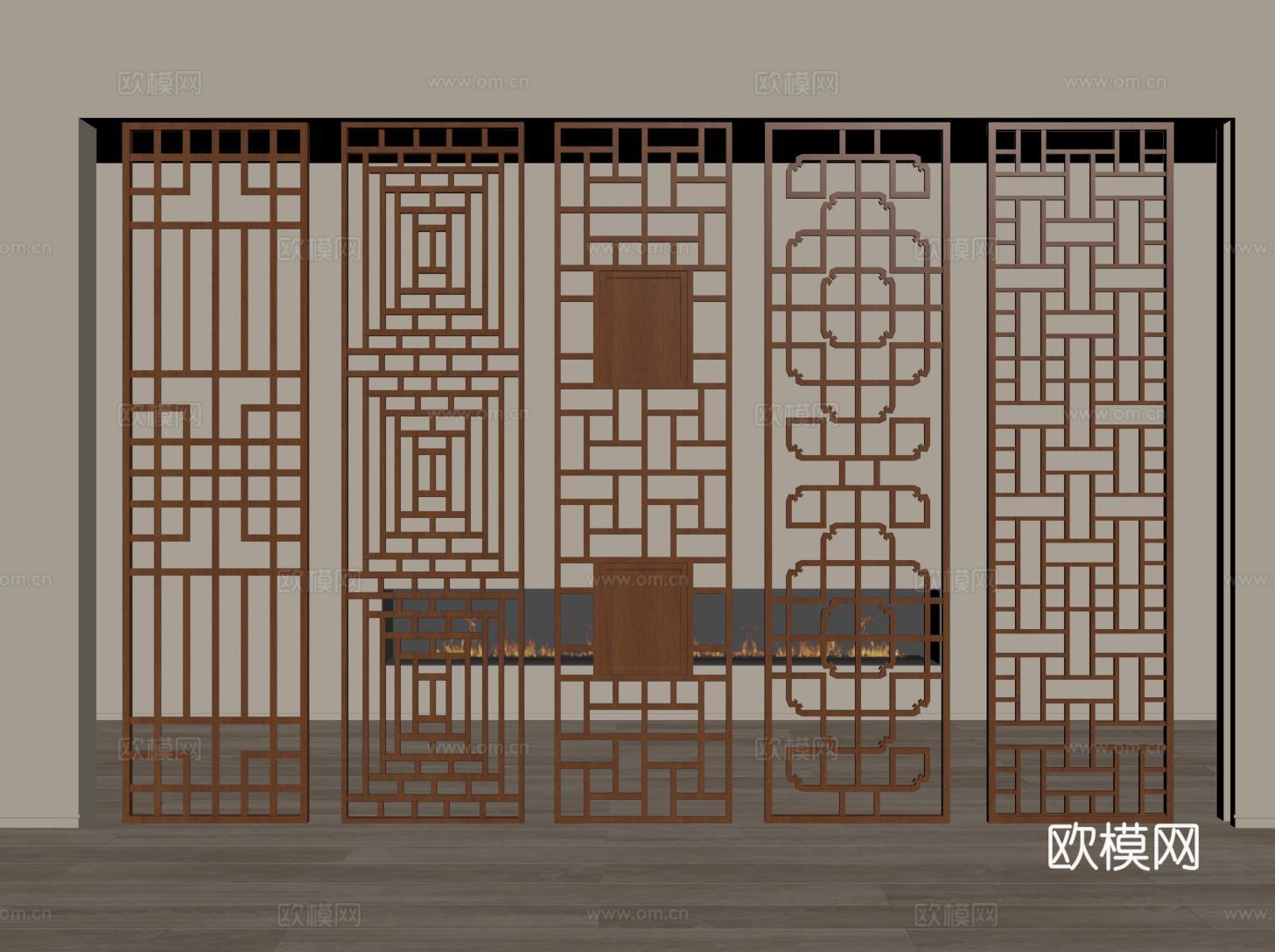 新中式实木镂空花格 雕刻花格 花格隔断su模型