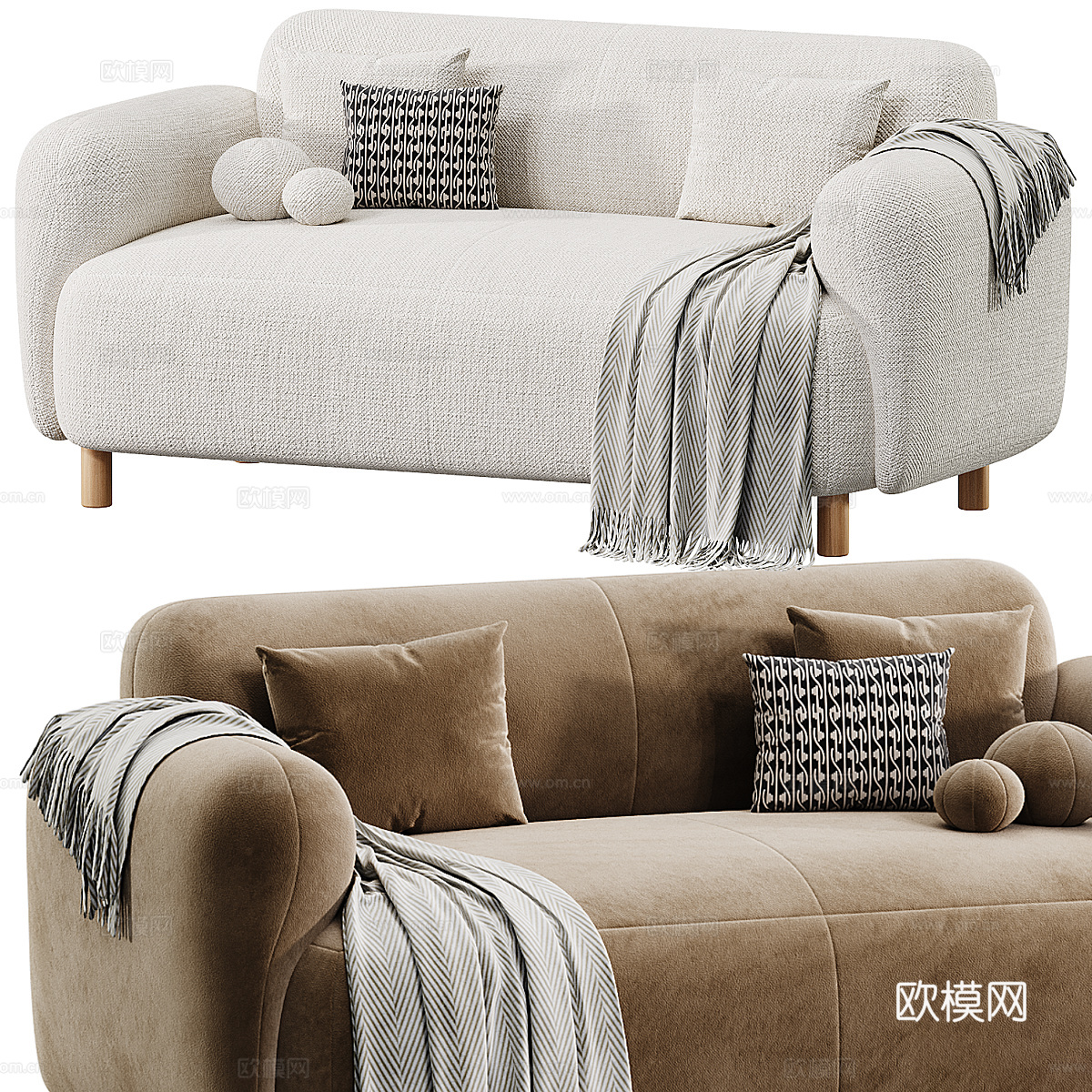 现代北欧双人布艺休闲沙发3d模型下载（渲染图2）