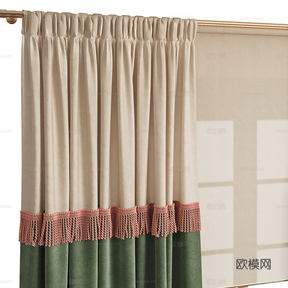 新中式中古风双色流苏布艺窗帘3d模型下载（渲染图3）