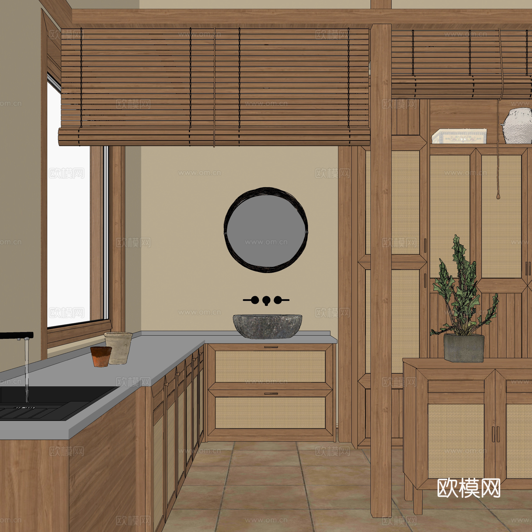 侘寂风阳台 柜子 洗手台 卷帘su模型
