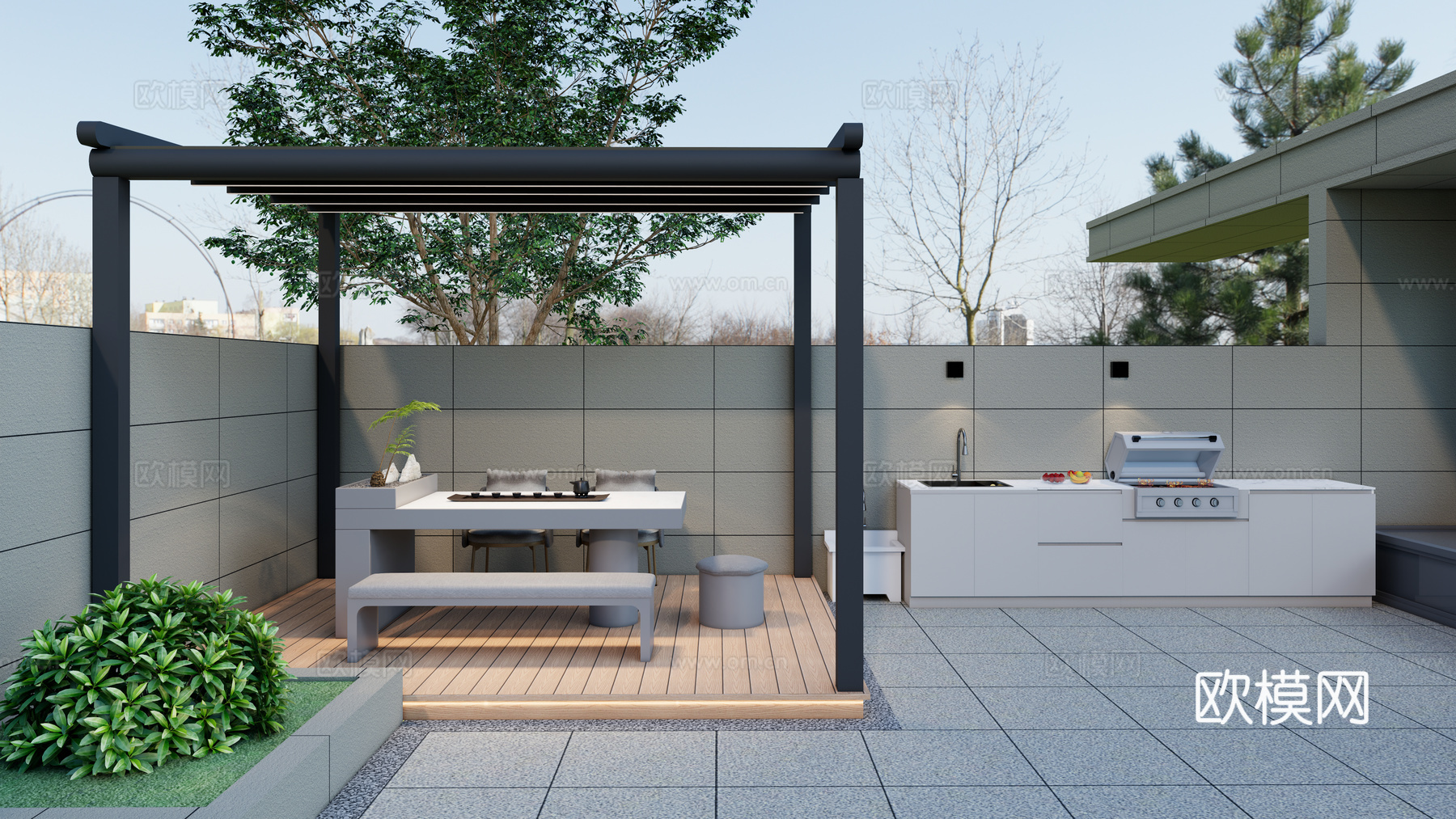现代庭院花园景观 遮阳棚 遮阳天幕 户外茶桌椅 水吧台 烧烤su模型
