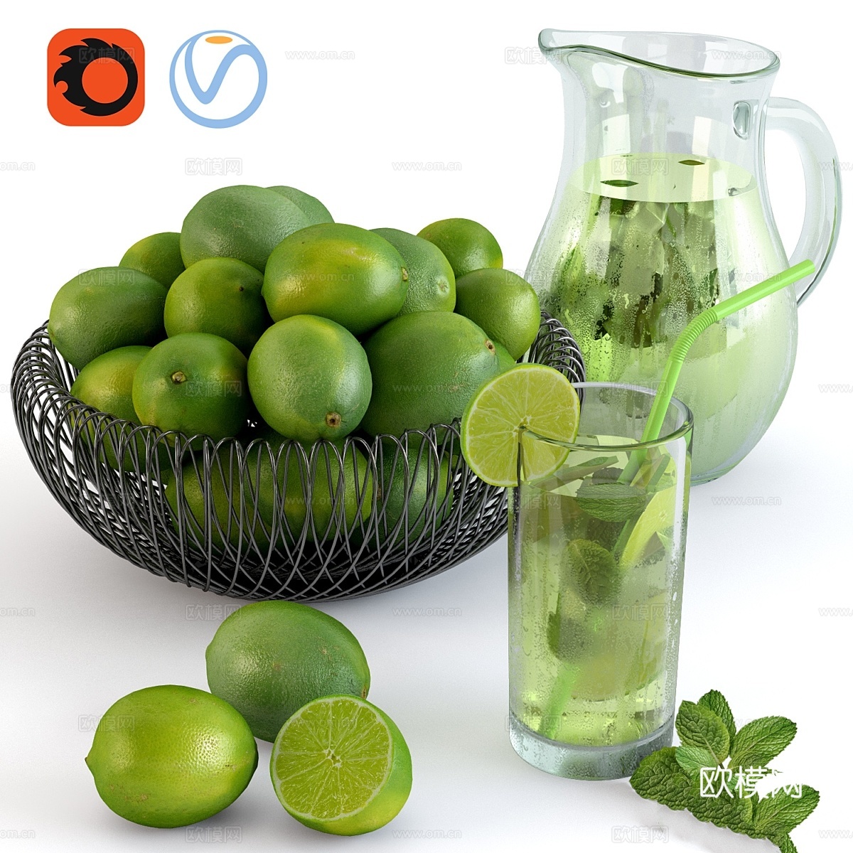 柠檬水与青柠碗 柠檬3d模型下载