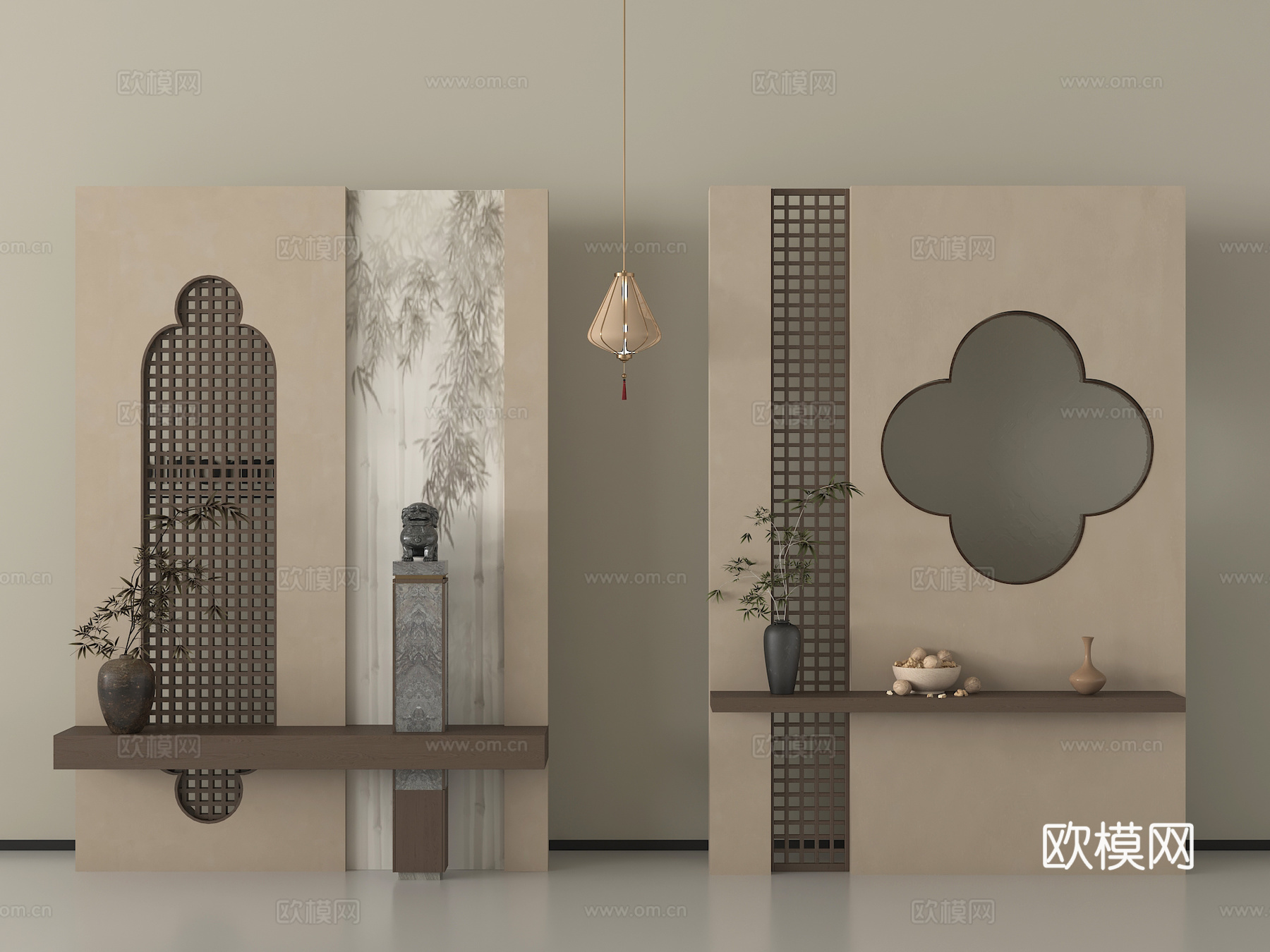 新中式玄关隔断 端景台 花艺 吊灯su模型