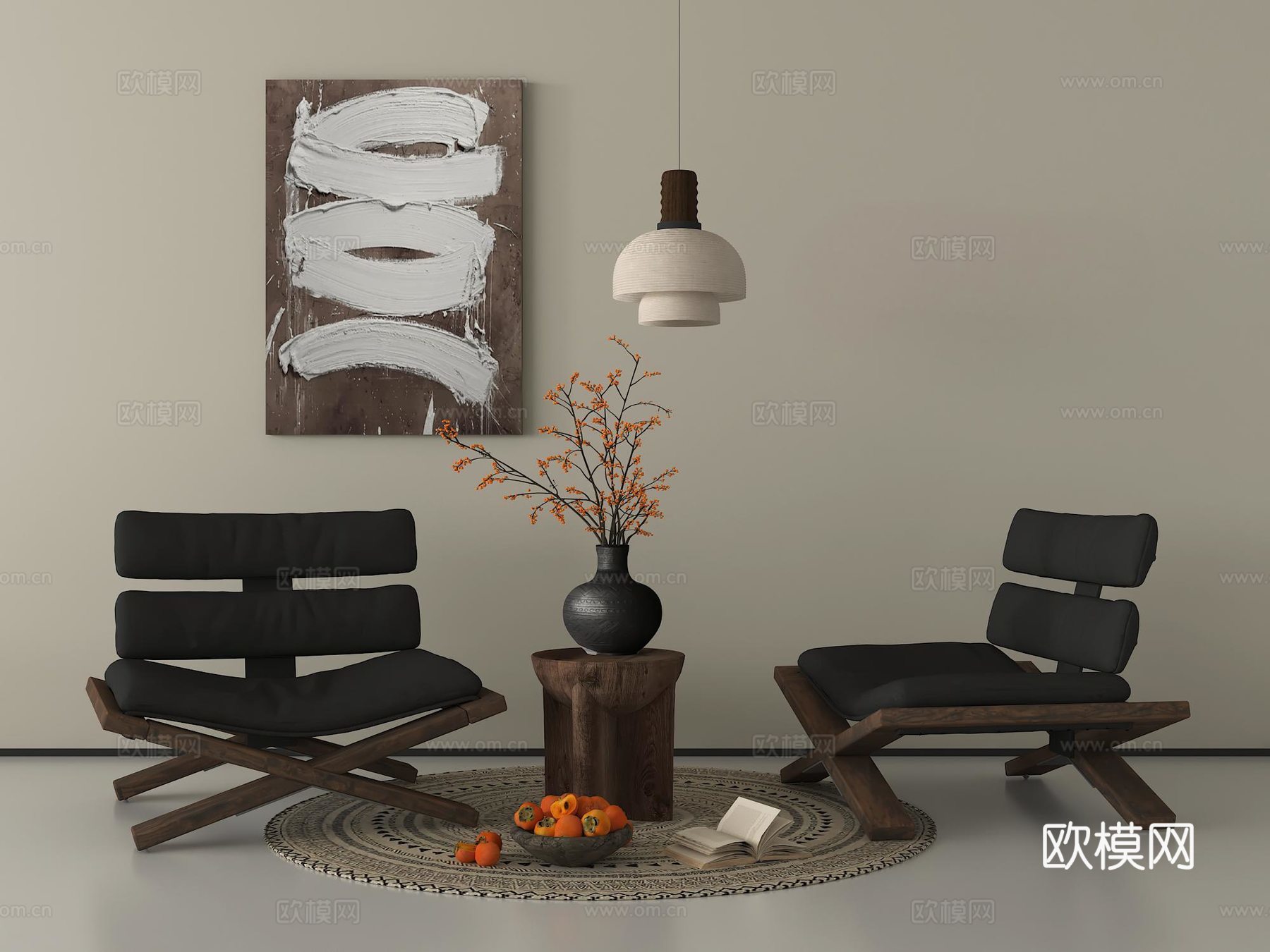 侘寂风休闲椅 圆几花艺 吊灯 装饰画su模型
