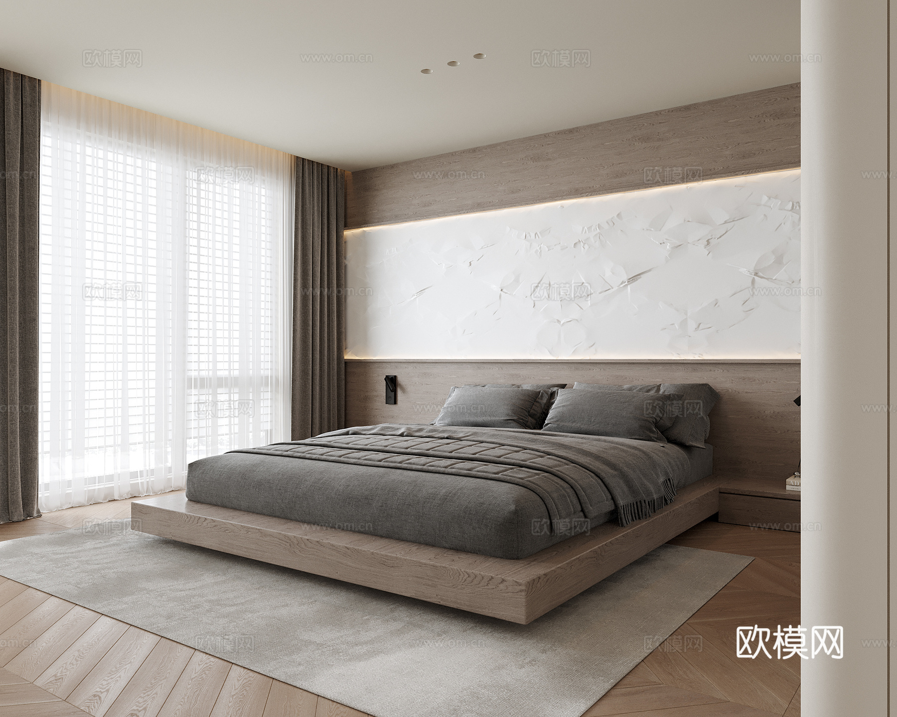 现代极简卧室 双人床su模型