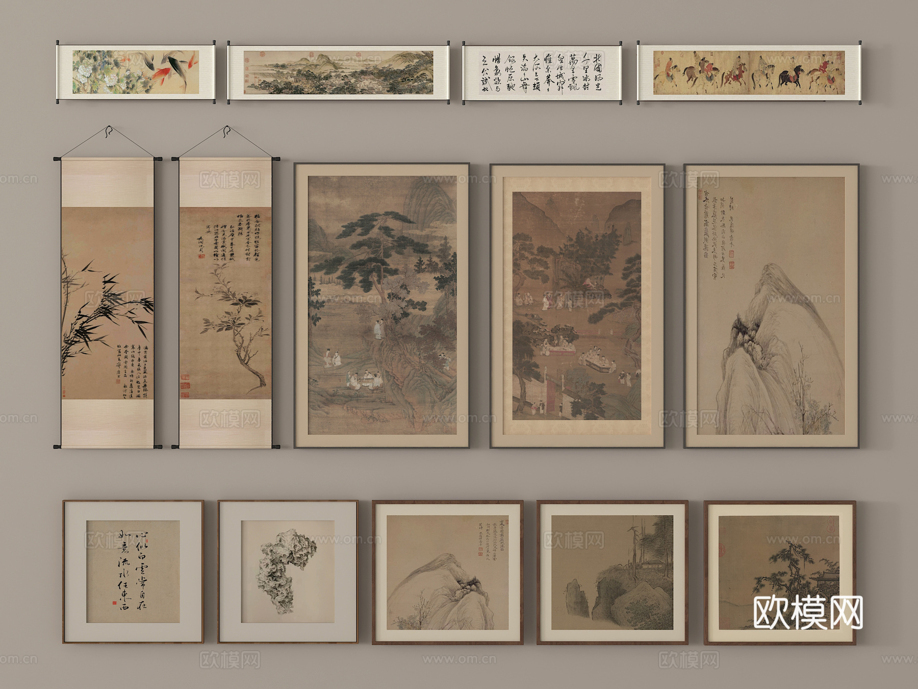 新中式挂画 装饰画 字画 挂画组合su模型