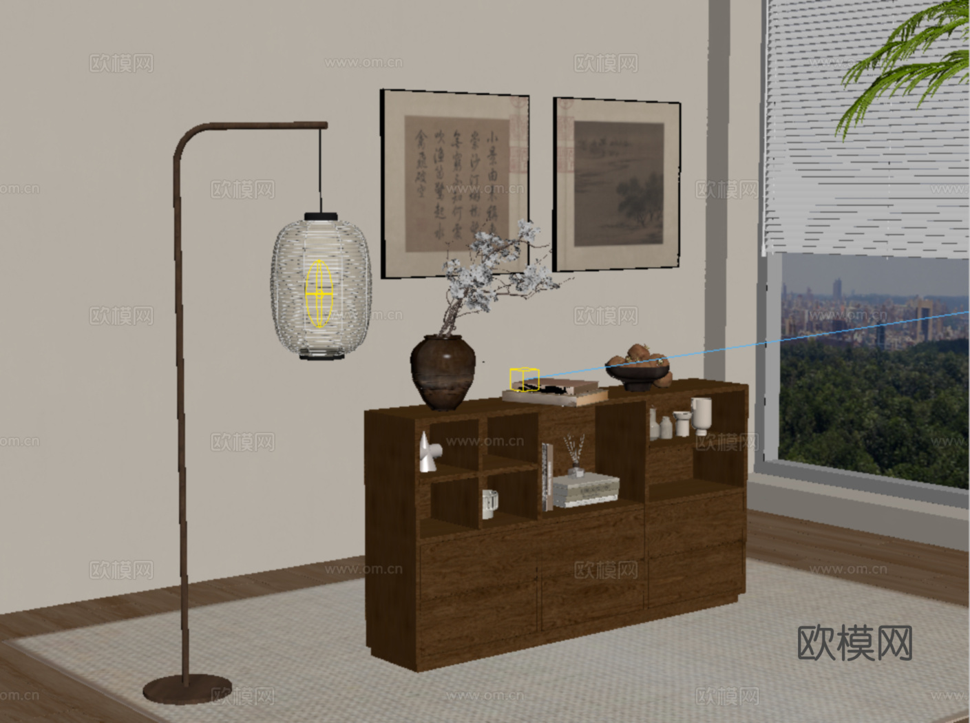 中式餐边柜 矮柜 装饰柜 斗柜 落地灯 挂画 摆件su模型