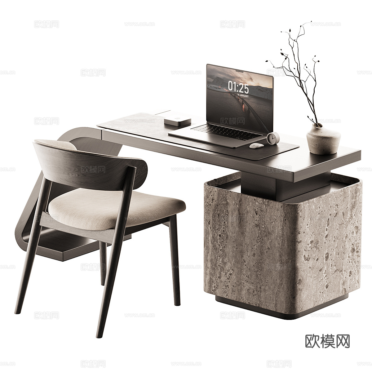 现代意式书桌椅 办公桌椅3d模型下载（渲染图2）