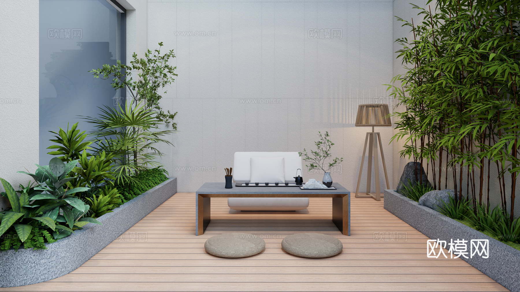 现代庭院花园空间 茶道文化 茶桌椅 蒲团 落地氛围灯su模型