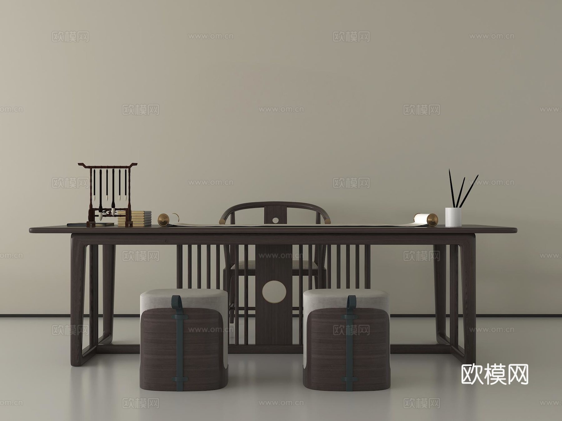 新中式茶桌组合 茶台组合 茶室 茶具su模型