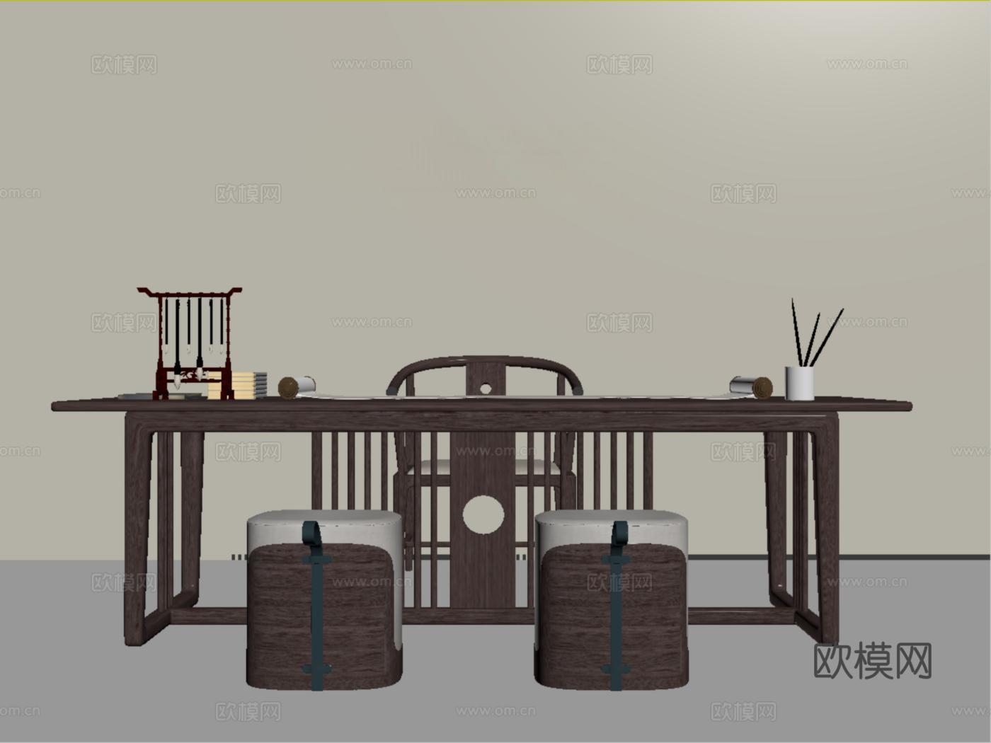 新中式茶桌组合 茶台组合 茶室 茶具su模型