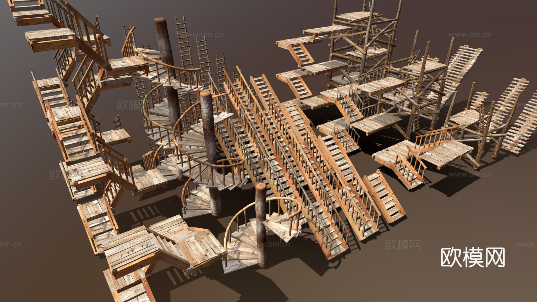复古楼梯 旋转楼梯 木梯 直梯3d模型下载（渲染图3）