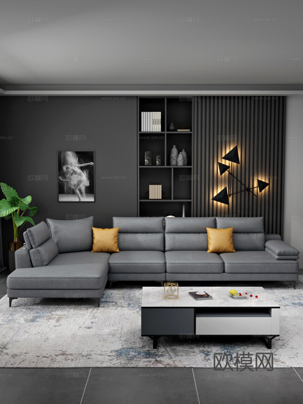 现代简约高脚皮沙发3d模型下载（渲染图2）