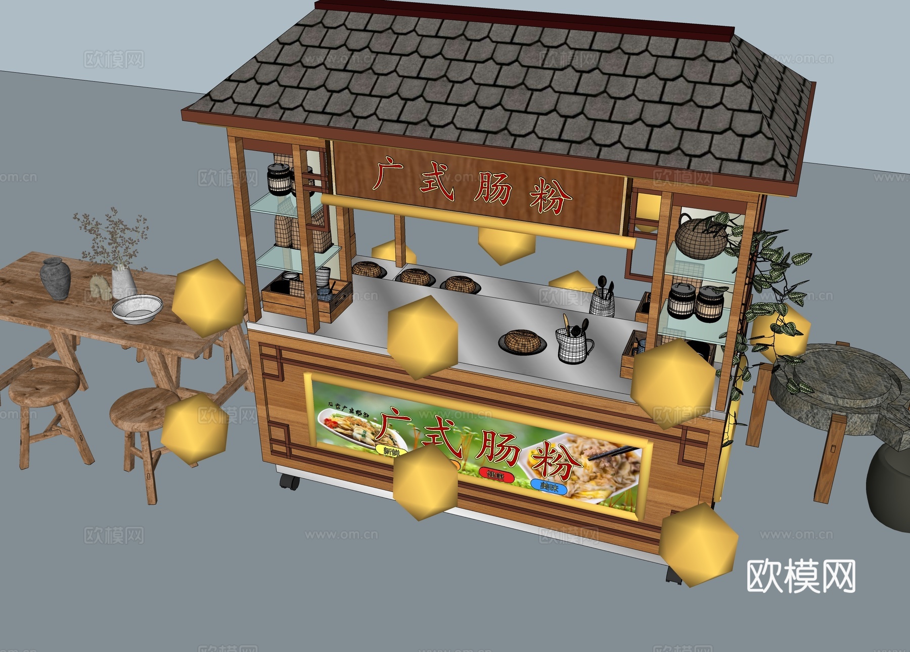 新中式摊位 移动摊车 肠粉店 早餐su模型