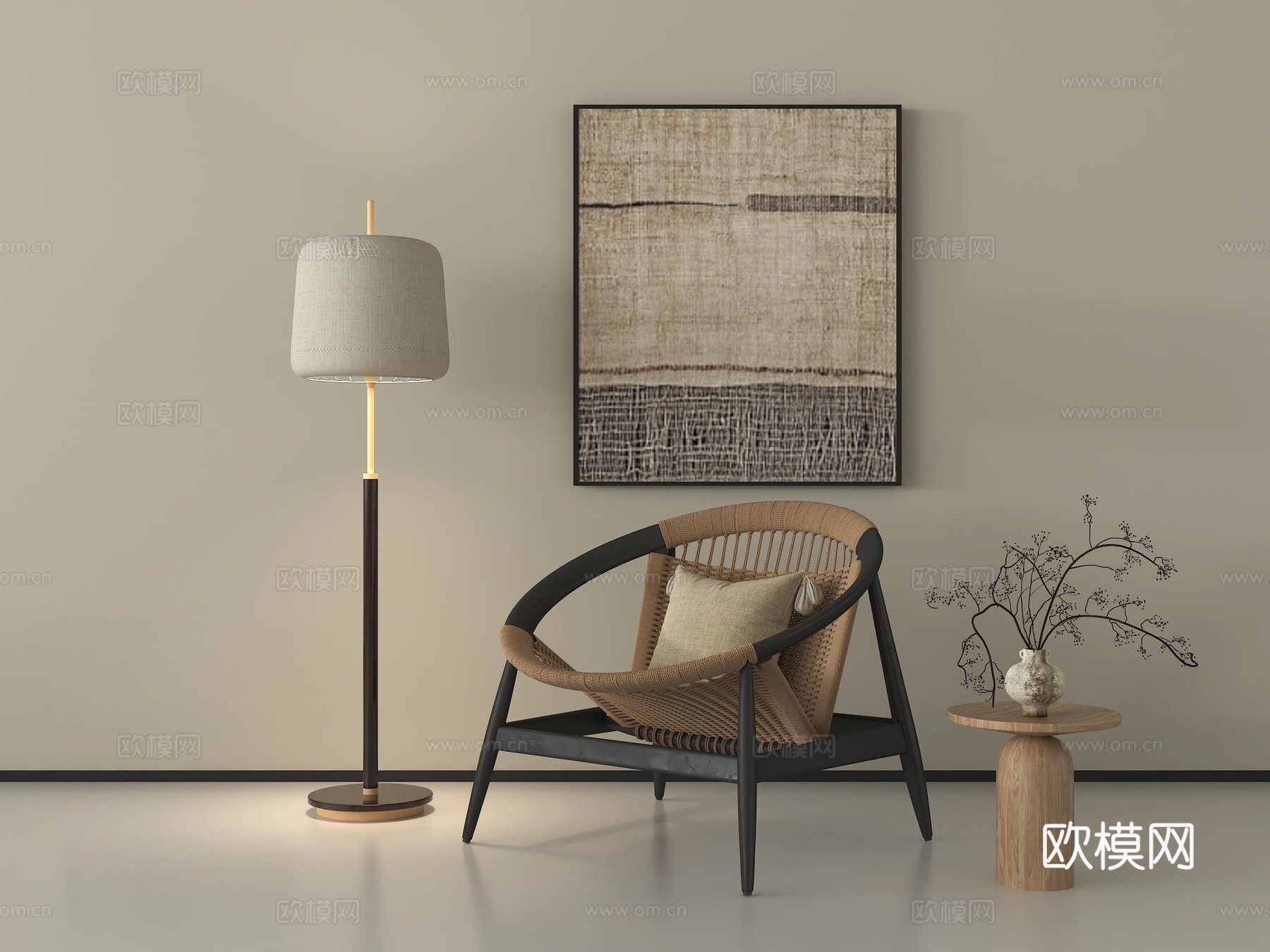 中古风休闲椅 圆几 小几 落地灯 挂画 花艺su模型