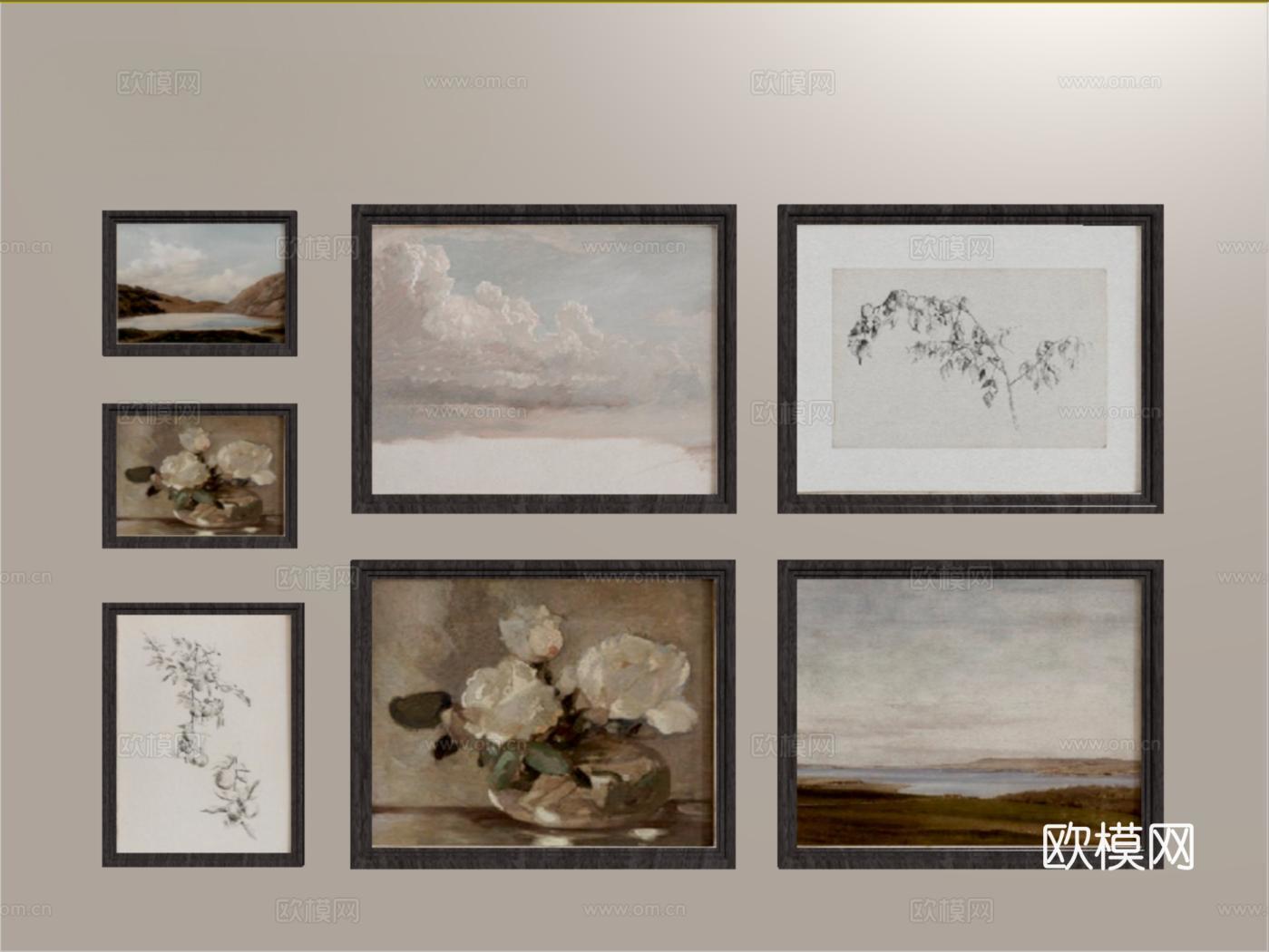 法式中古风挂画组合 装饰挂画su模型