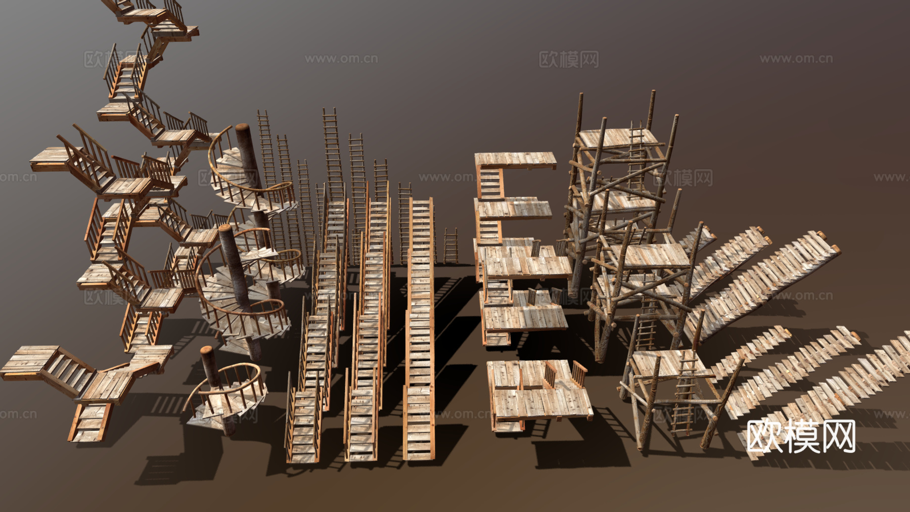 复古楼梯 旋转楼梯 木梯 直梯3d模型下载（渲染图1）