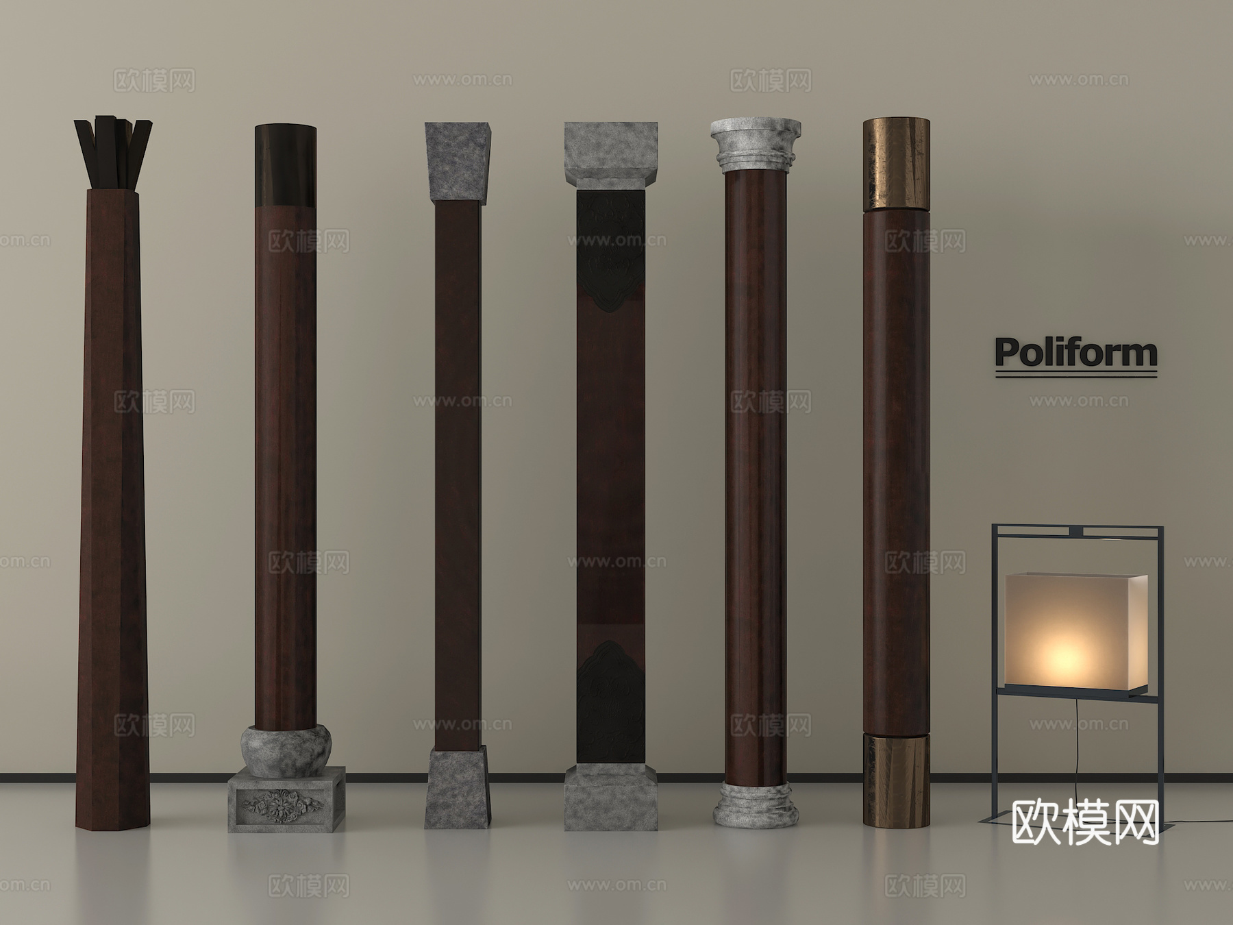 新中式柱子 圆木柱子su模型