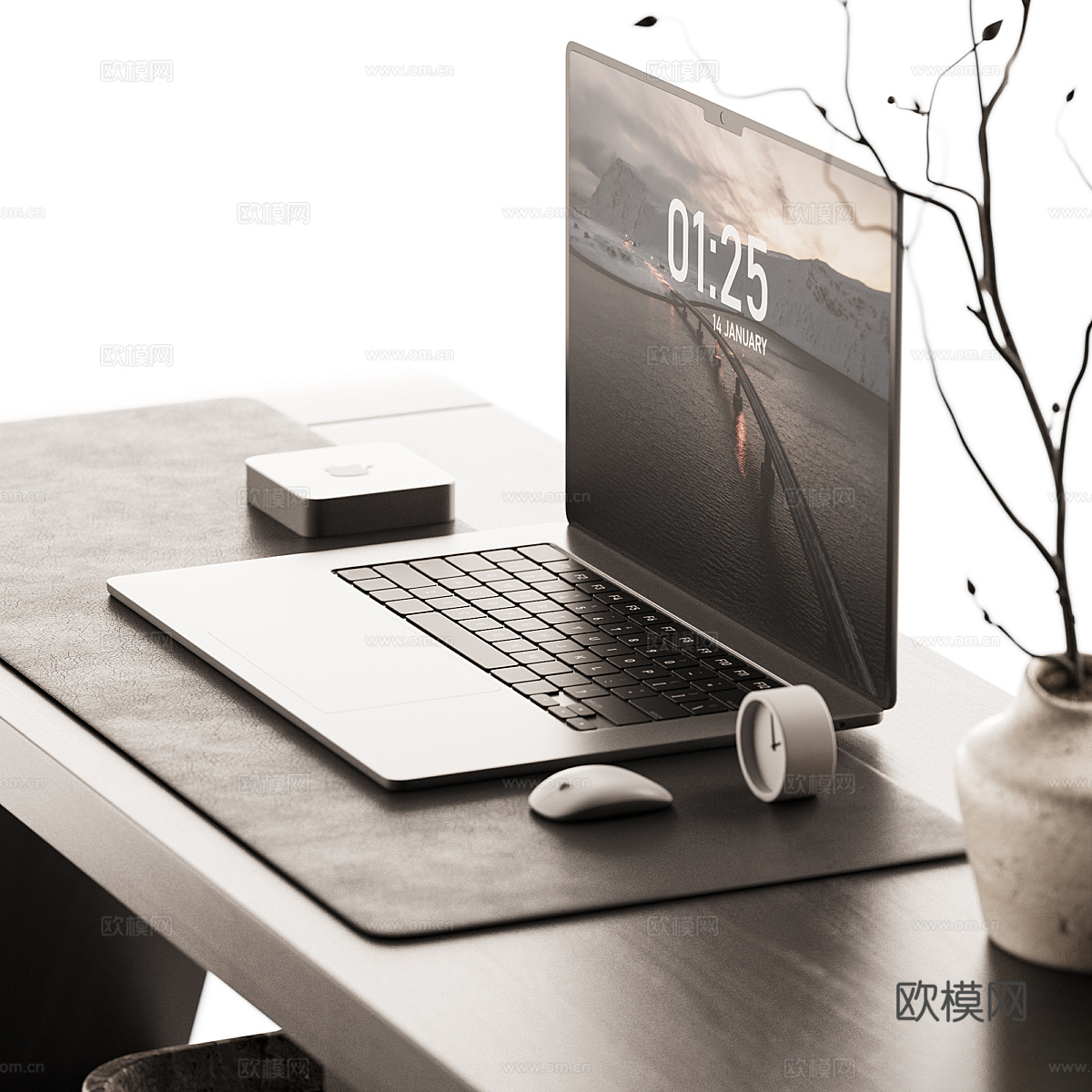 现代意式书桌椅 办公桌椅3d模型下载（渲染图4）