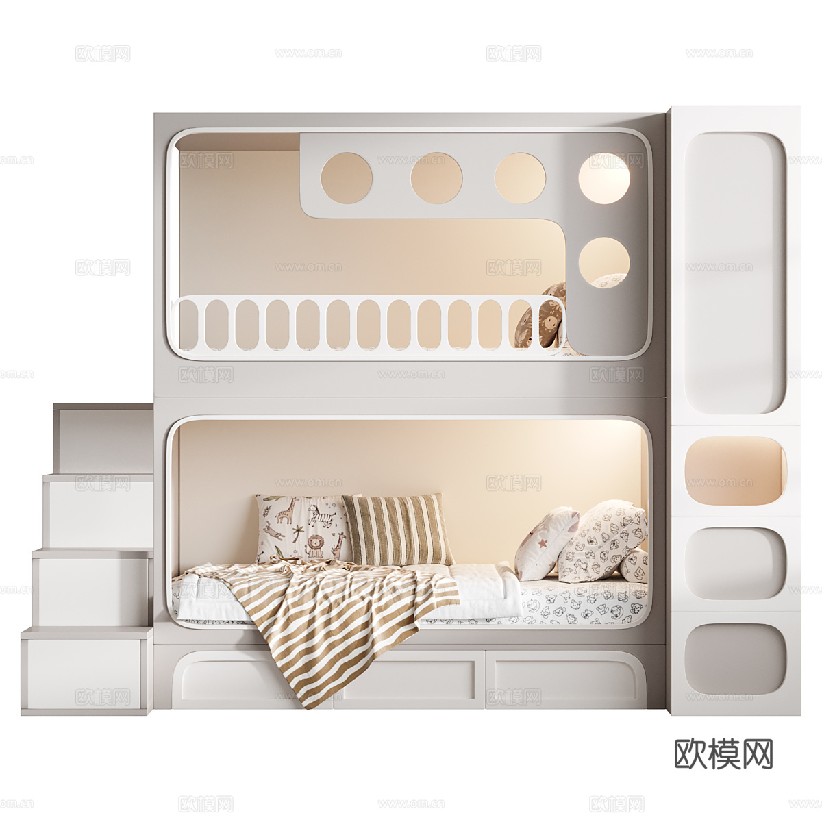 现代奶油风儿童双层床3d模型下载（渲染图6）