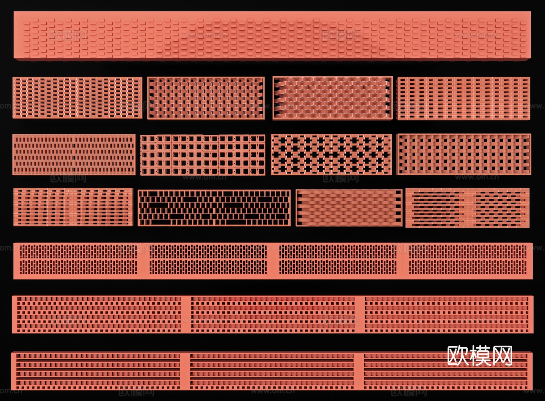 现代红砖景墙 特色景墙 镂空景墙 造型花墙 红砖砌景墙3d模型下载