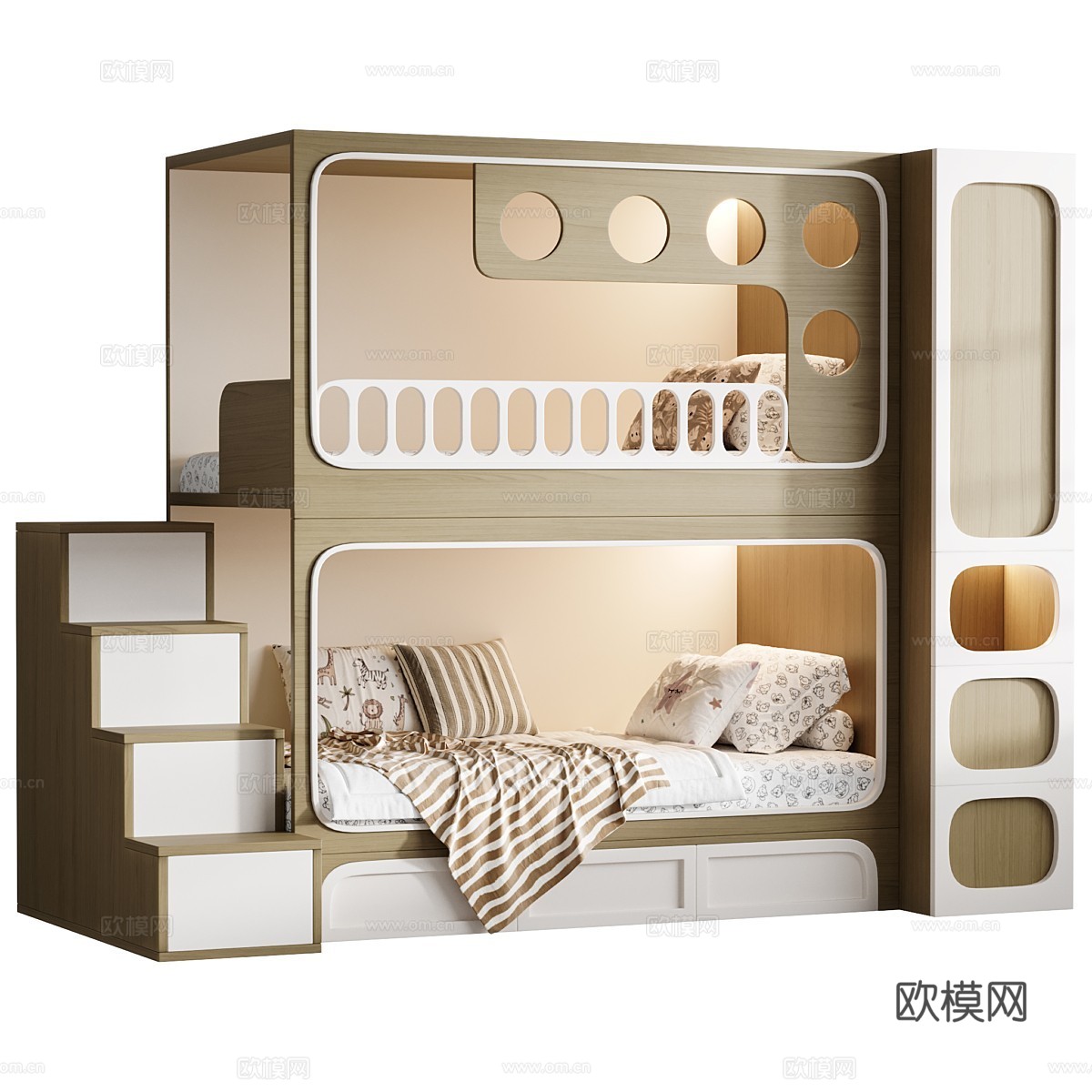 现代奶油风儿童双层床3d模型下载（渲染图1）