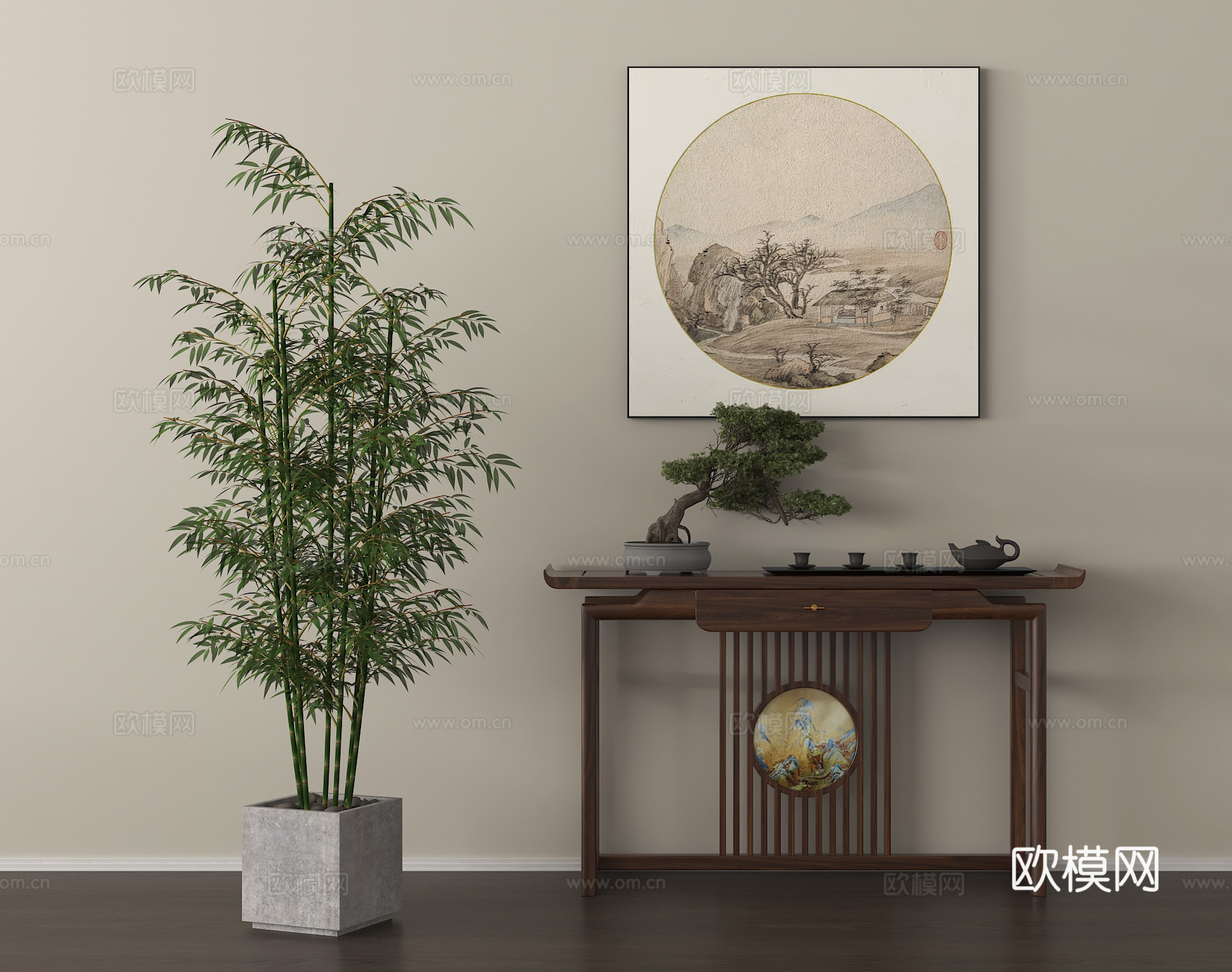 新中式端景条案 玄关桌 端景柜 挂画 盆栽绿植su模型