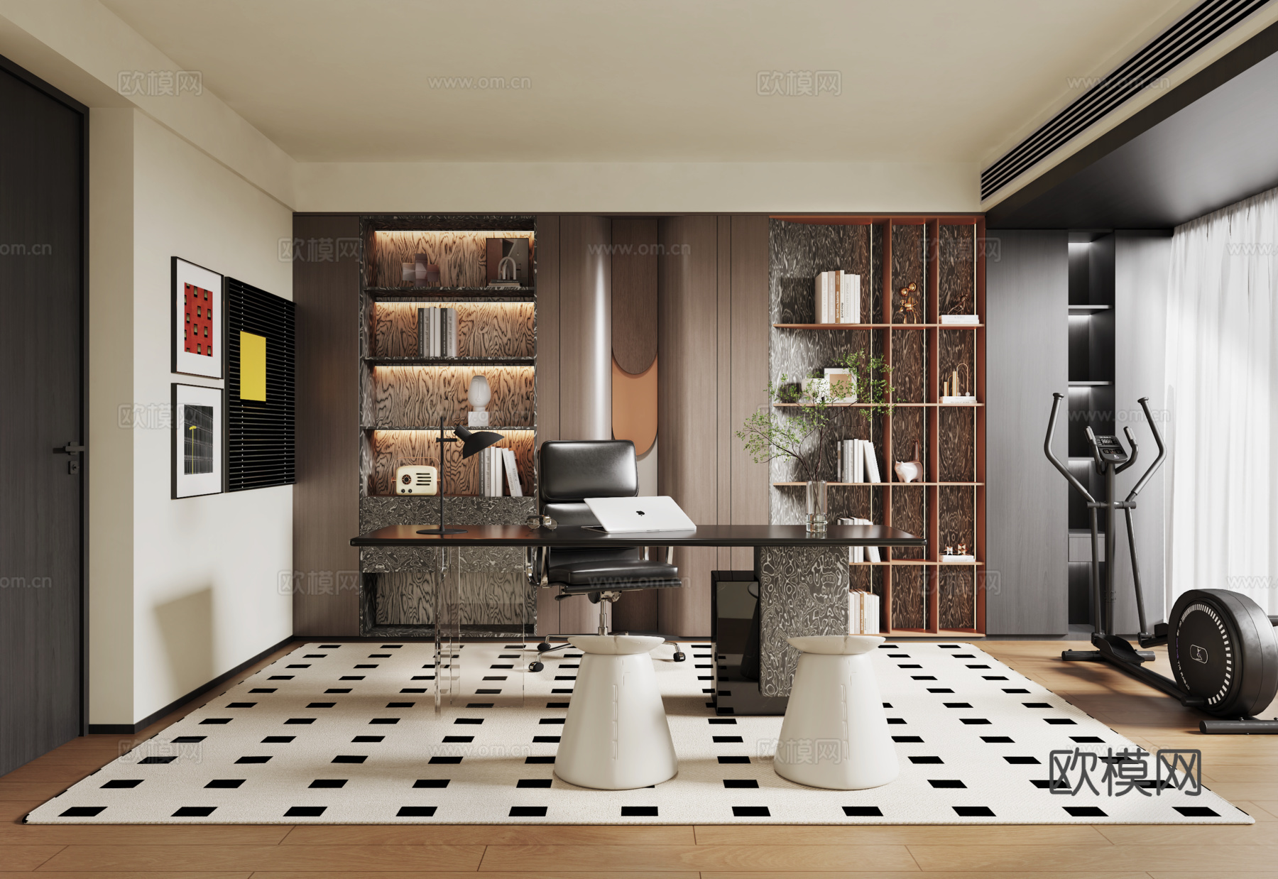 意式现代书房 书桌椅 书柜 装饰画 动感单车su模型