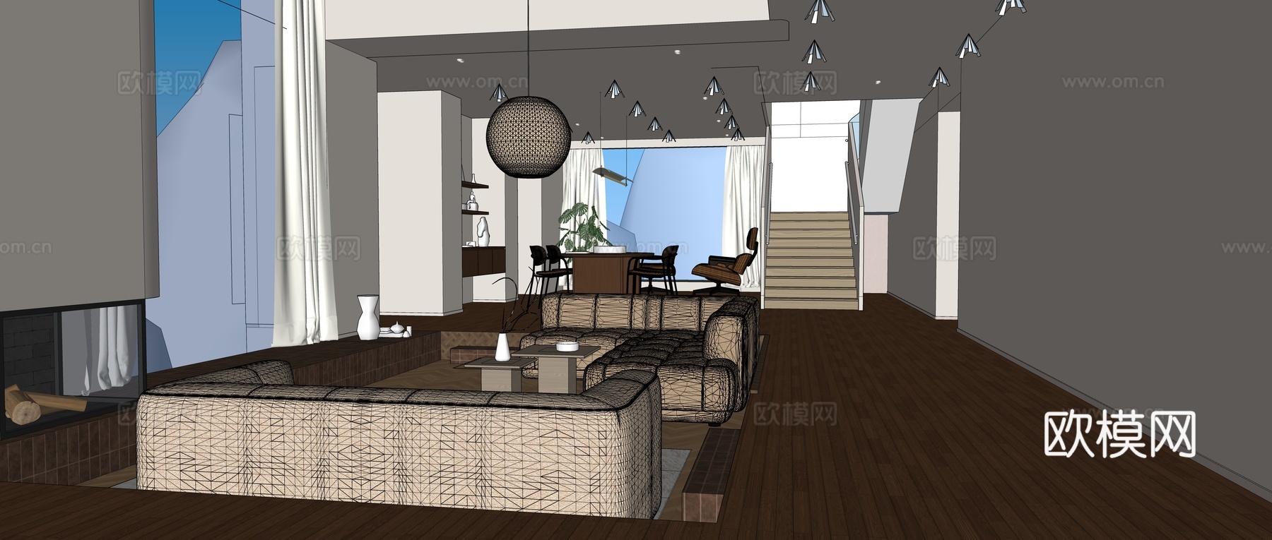 挑空客厅，别墅简约风su模型