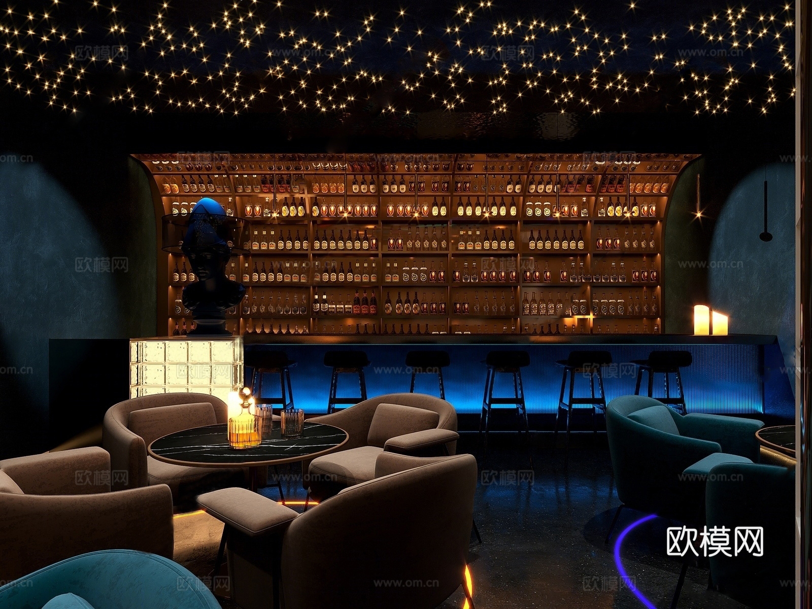 现代科技风酒吧 前台 雕塑 餐桌椅su模型