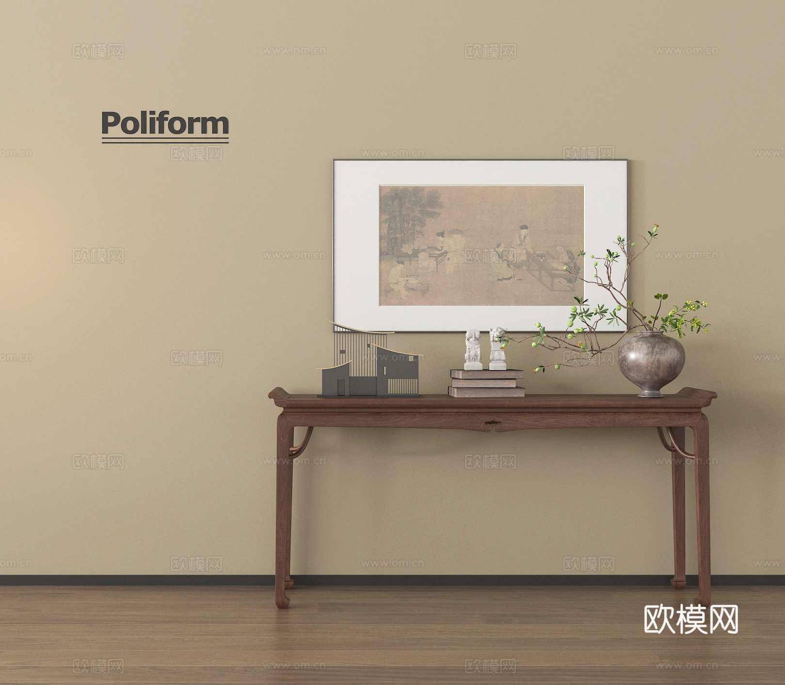 新中式条案 端景柜 摆件 装饰画su模型