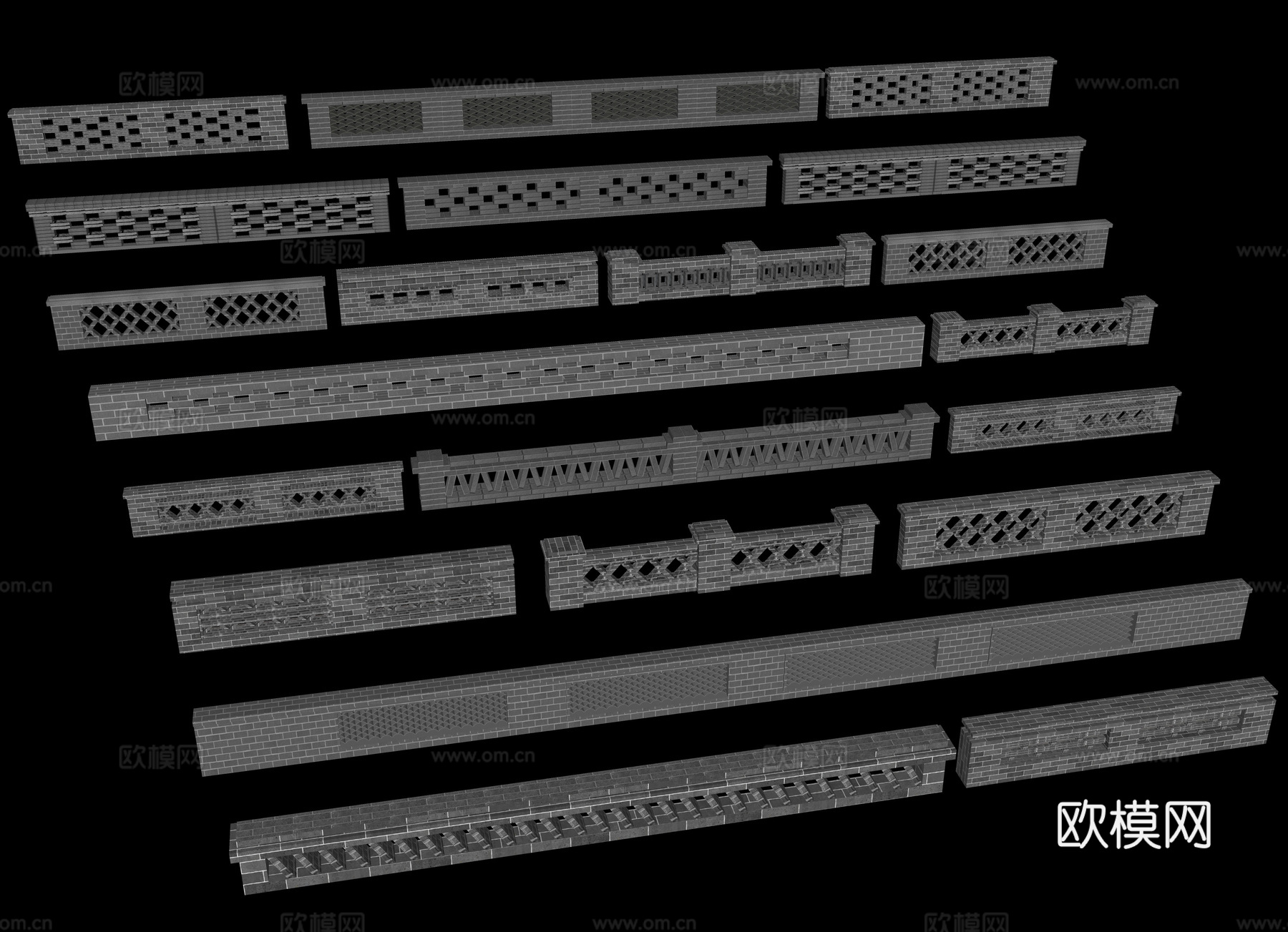 新中式花池景墙 镂空花墙 乡村矮墙 青砖墙景墙 乡村景墙su模型