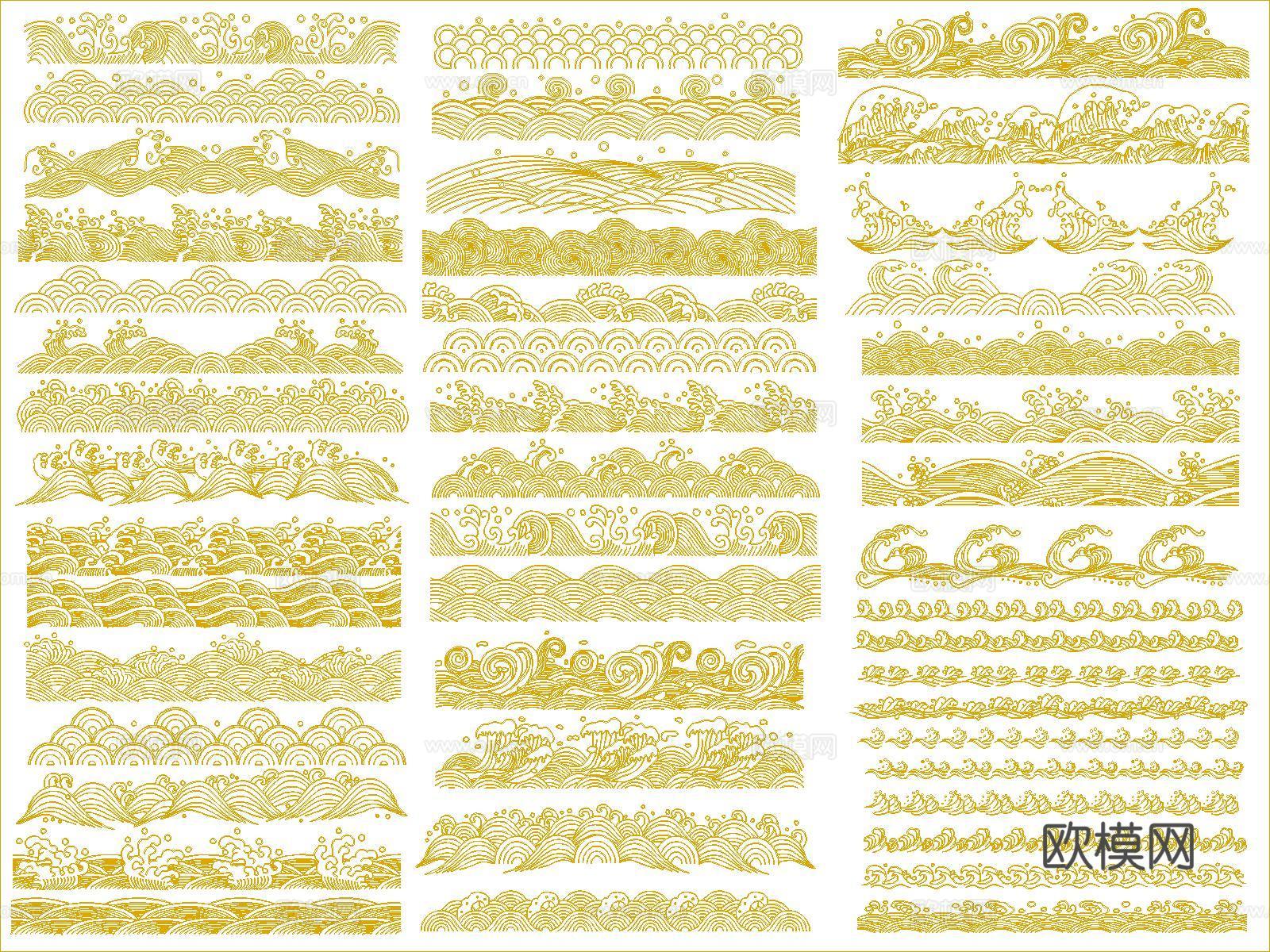 新中式金色海浪纹样cad施工图