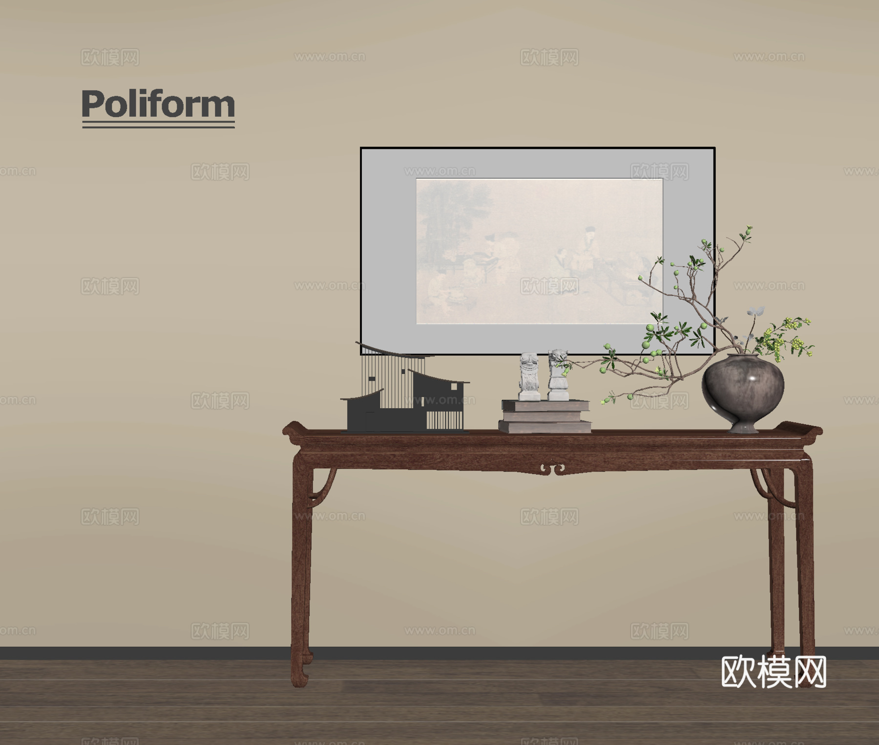 新中式条案 端景柜 摆件 装饰画su模型