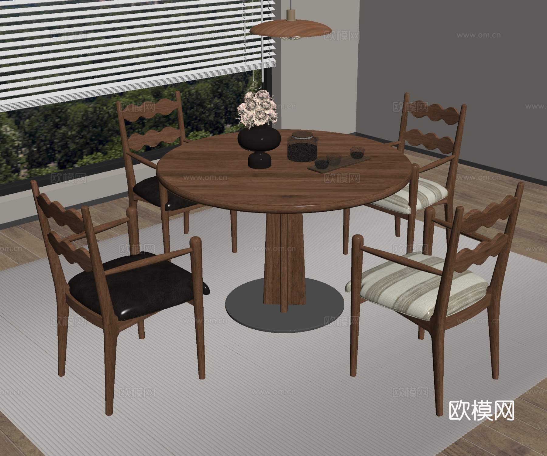 新中式餐桌椅组合 灯具su模型