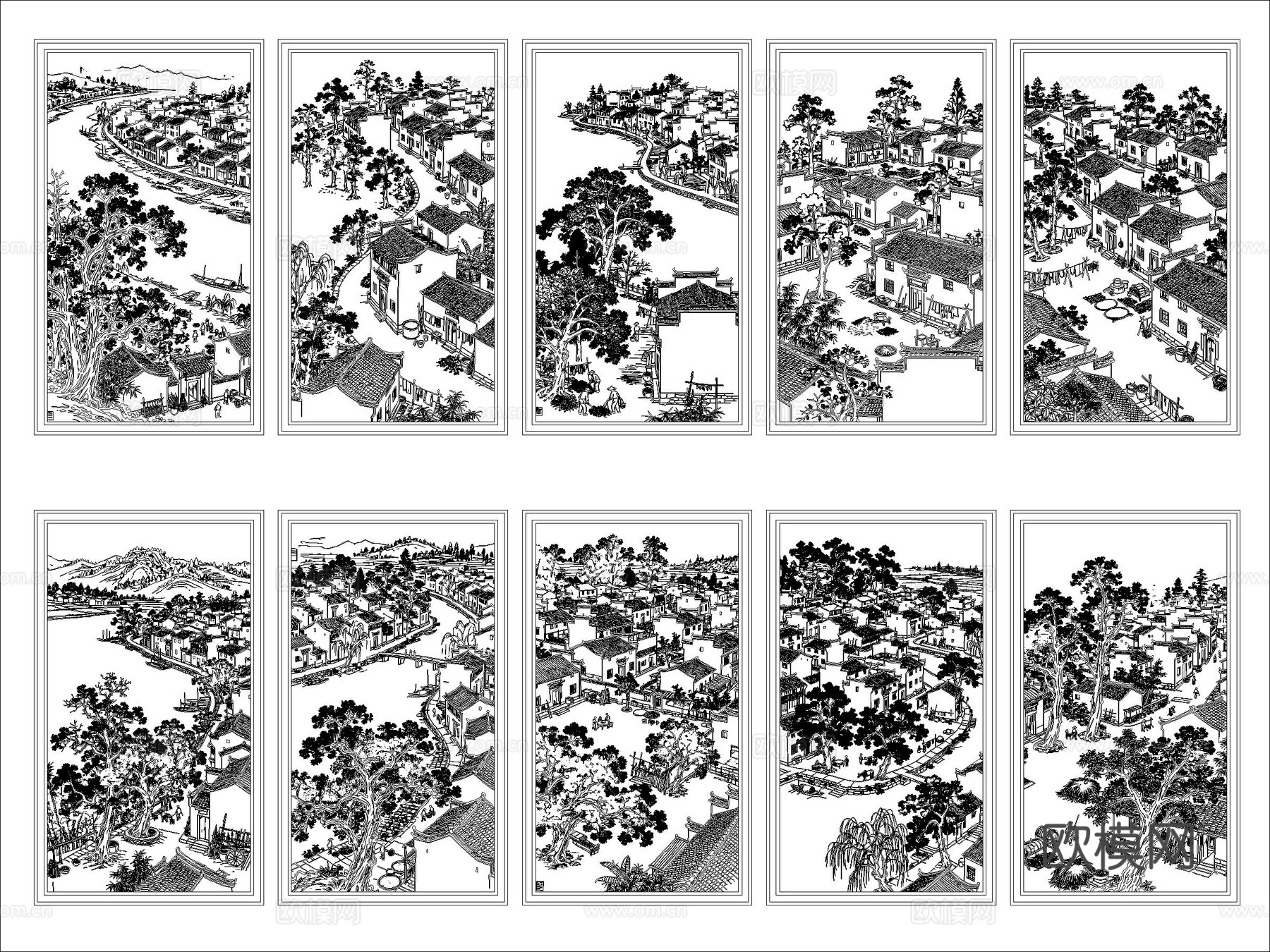 徽州乡村风景挂画cad施工图