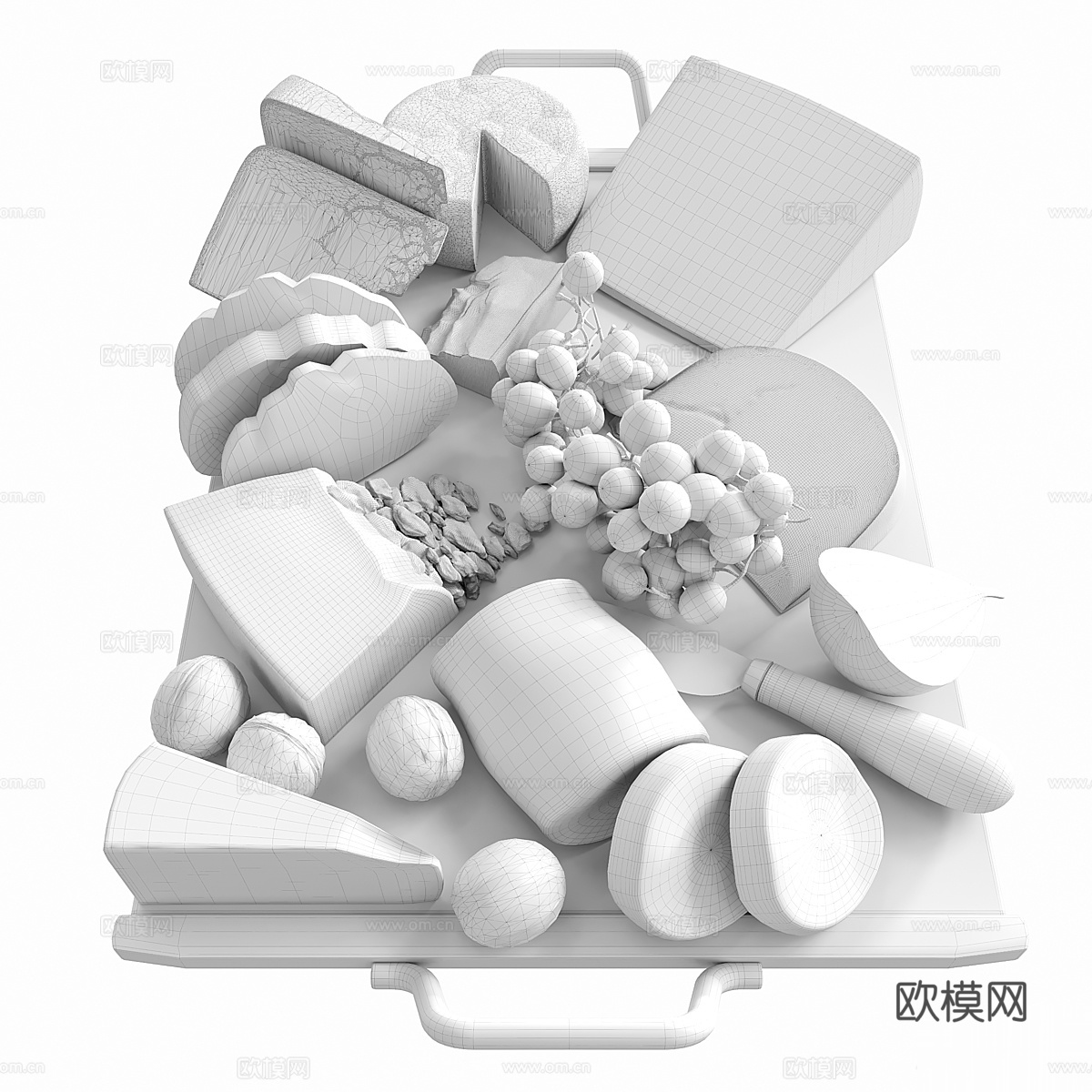现代侘寂坚果、葡萄奶酪盘3d模型下载（渲染图3）