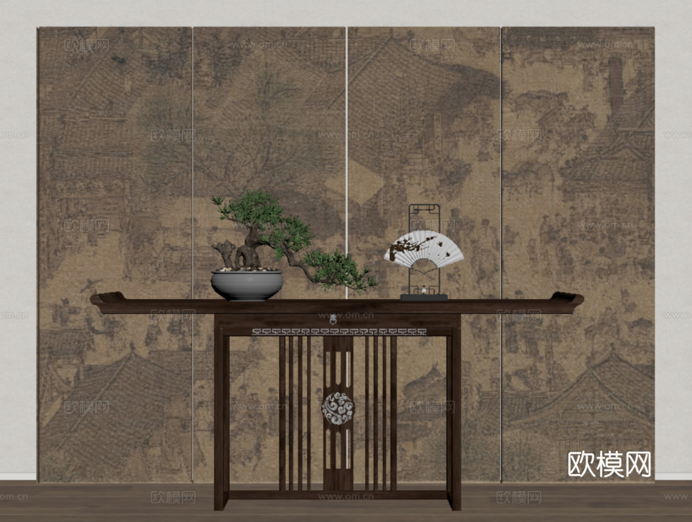 新中式玄关端景台 端景条案su模型