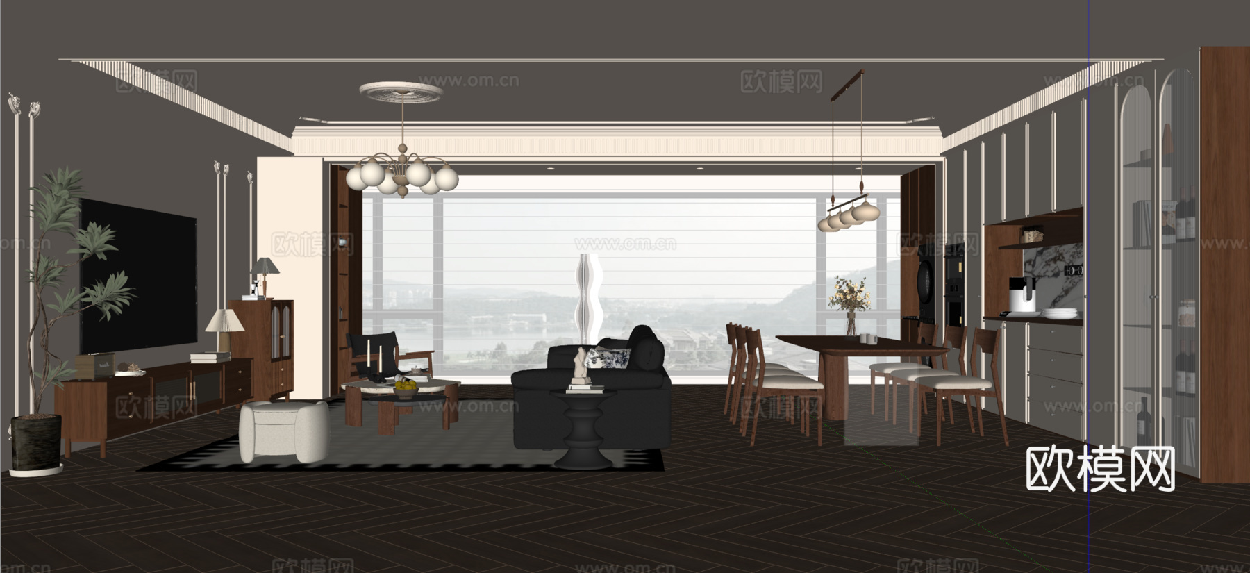 法式中古风客餐厅 沙发茶几 餐桌椅 电视背景墙 餐边柜su模型