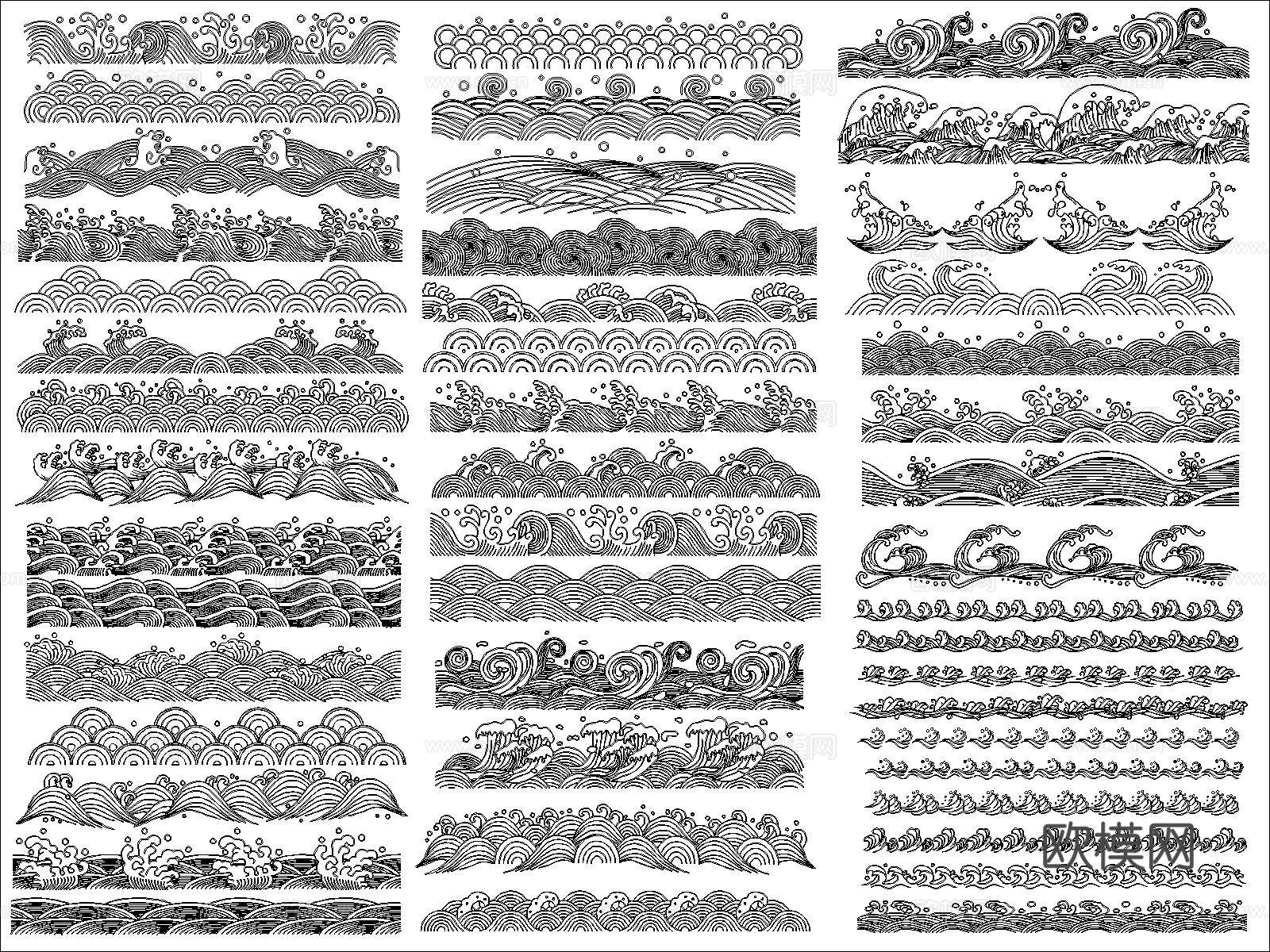 新中式金色海浪纹样cad施工图