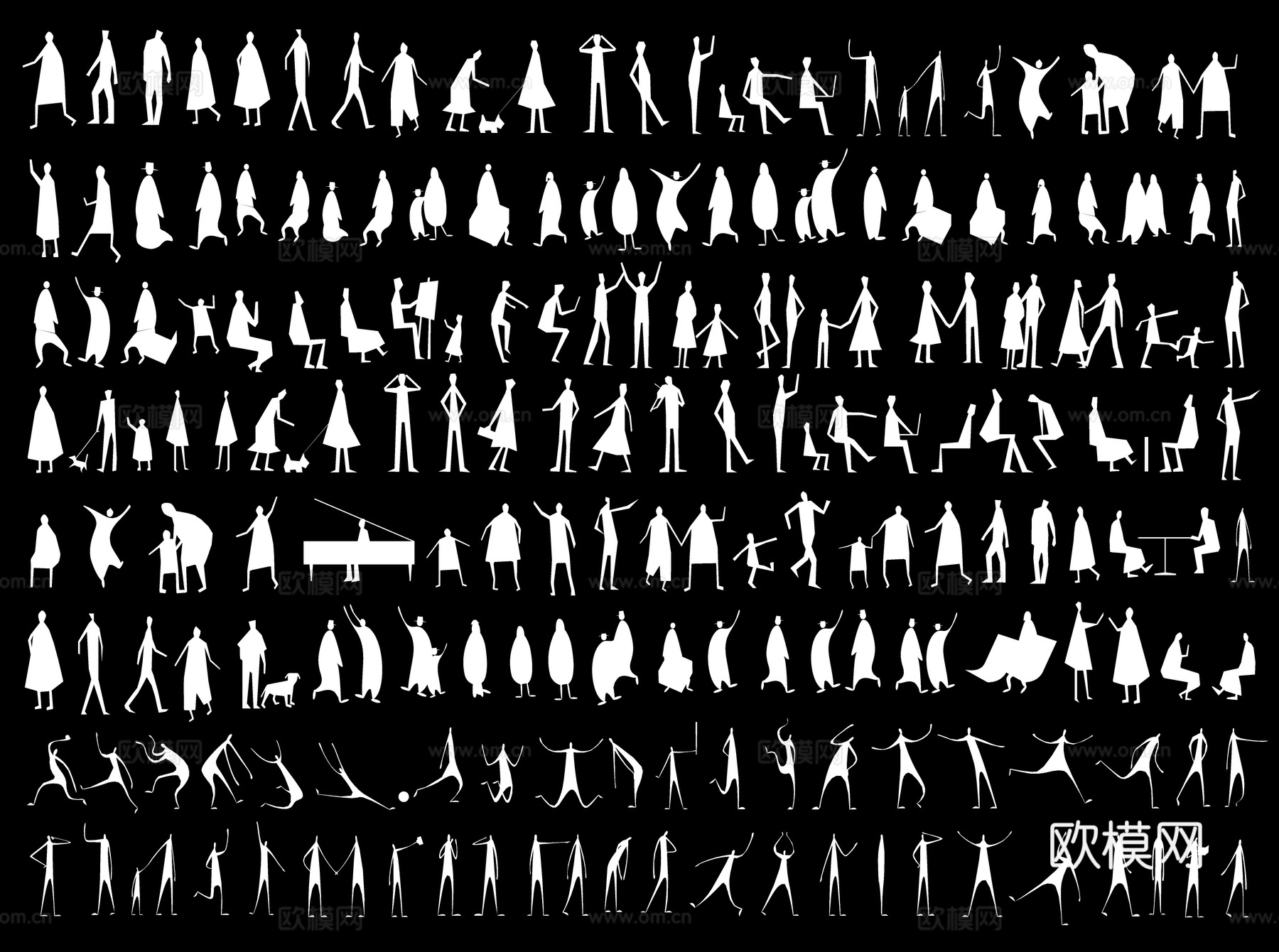 黑白剪影人物 2D妹岛黑白小人 抽象卡通人物 场景氛围感人物3d模型下载