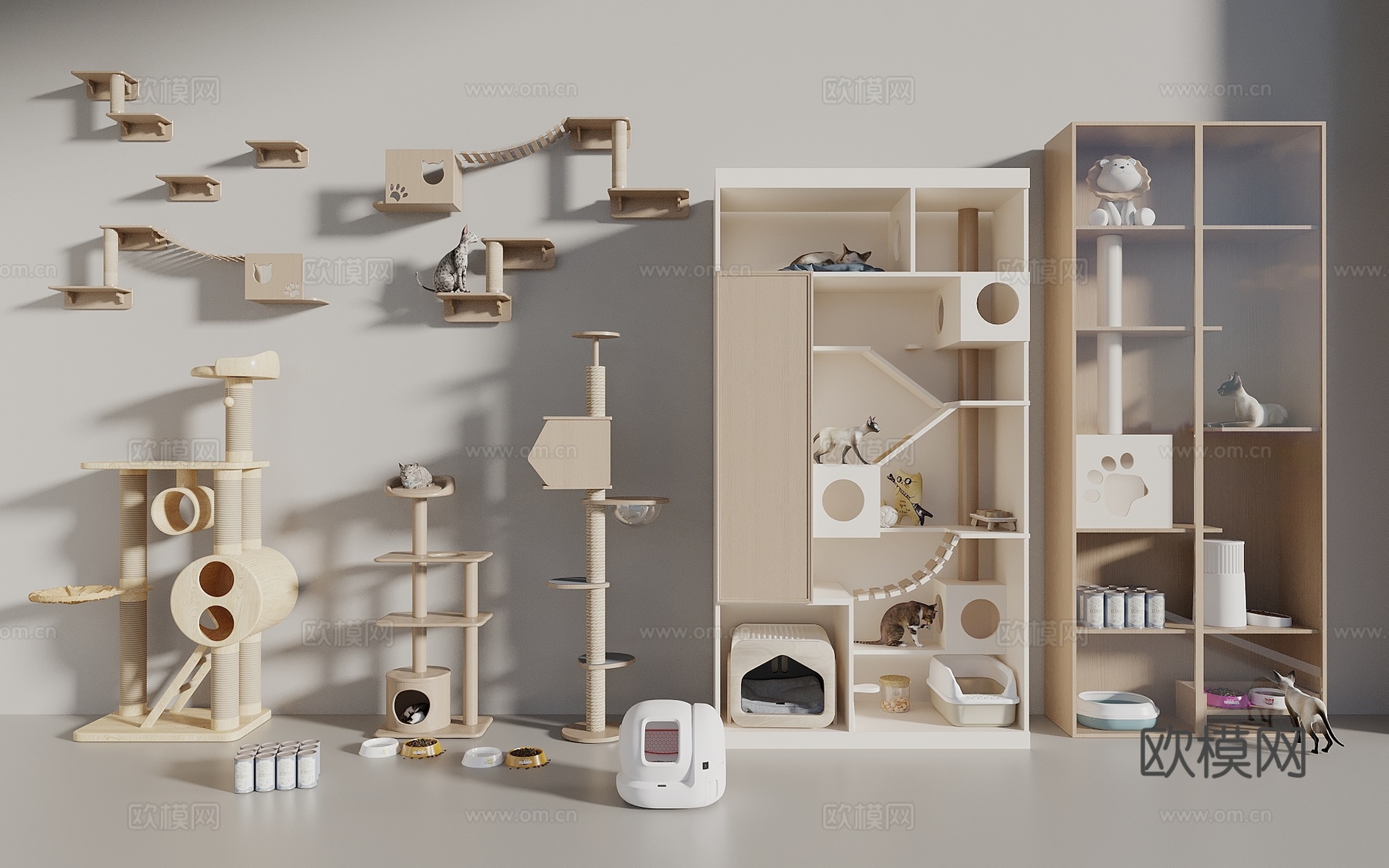 现代原木风猫爬架 宠物用品组合 猫窝3d模型下载
