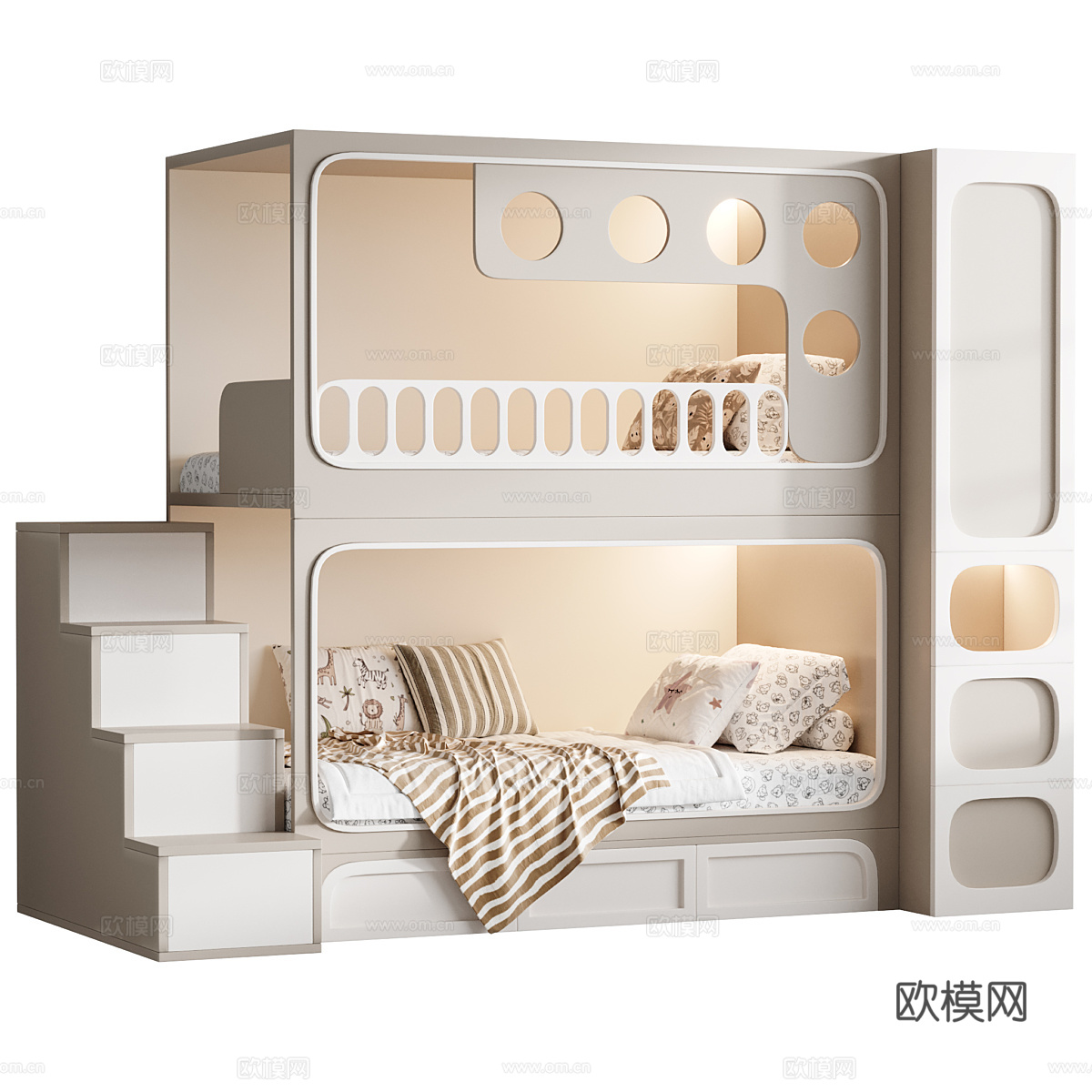 现代奶油风儿童双层床3d模型下载（渲染图5）